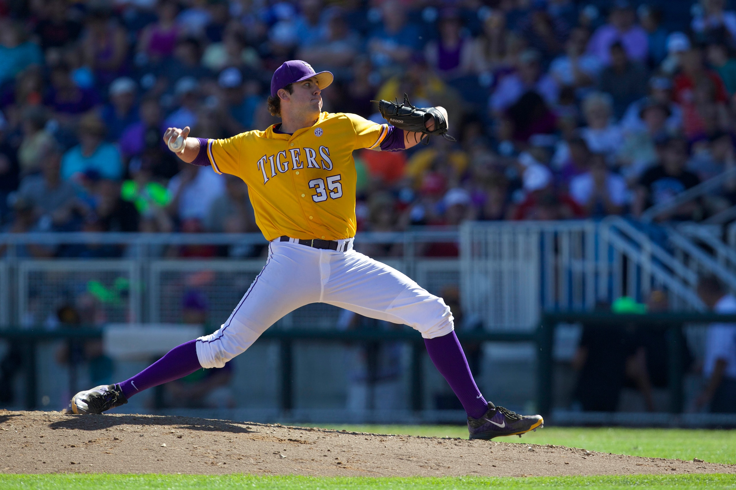 Jun 16, 2015; Omaha, NE, USA; LSU Tigers pitcher Alex Lange (35) throws against Cal State Fullerton Titans during the seventh inning in the 2015 College World Series at TD Ameritrade Park. LSU won 5-3. Mandatory Credit: Bruce Thorson-USA TODAY Sports