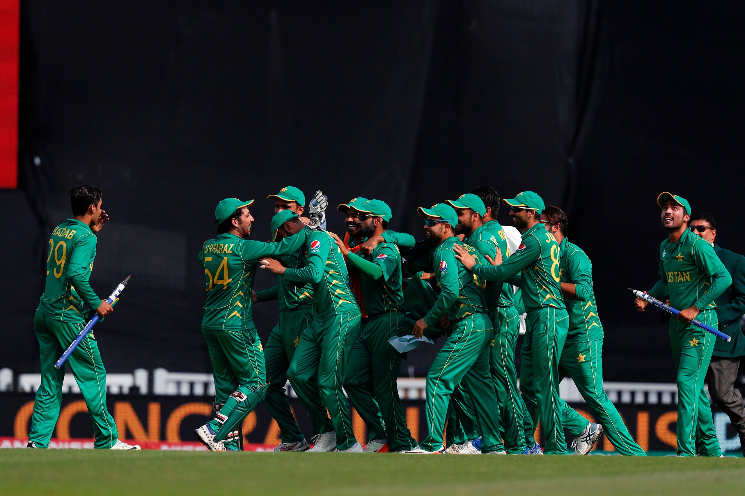Pakistan's players celebrate their victory over India on the pitch after the ICC Champions Trophy final cricket match between India and Pakistan at The Oval in London on June 18, 2017.
Pakistan thrashed title-holders India by 180 runs to win the Champions Pakistan's players celebrate their victory over India on the pitch after the ICC Champions Trophy final cricket match between India and Pakistan at The Oval in London on June 18, 2017.
Pakistan thrashed title-holders India by 180 runs to win the Champions