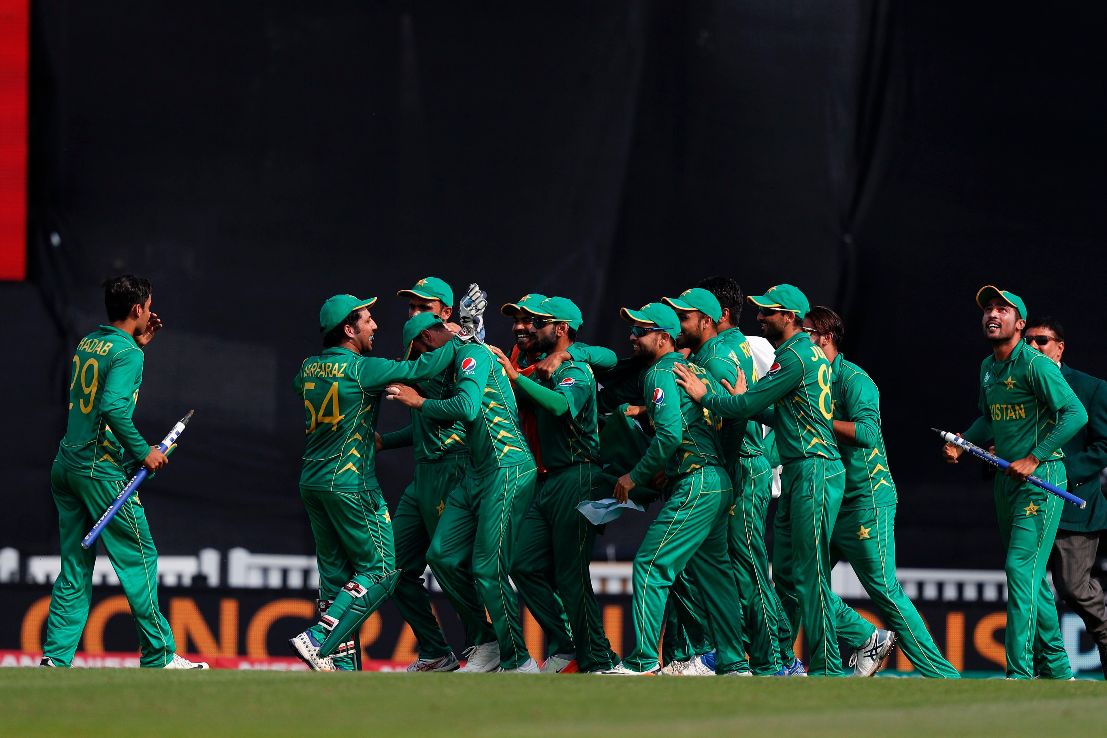 Pakistan's players celebrate their victory over India on the pitch after the ICC Champions Trophy final cricket match between India and Pakistan at The Oval in London on June 18, 2017.
Pakistan thrashed title-holders India by 180 runs to win the Champions