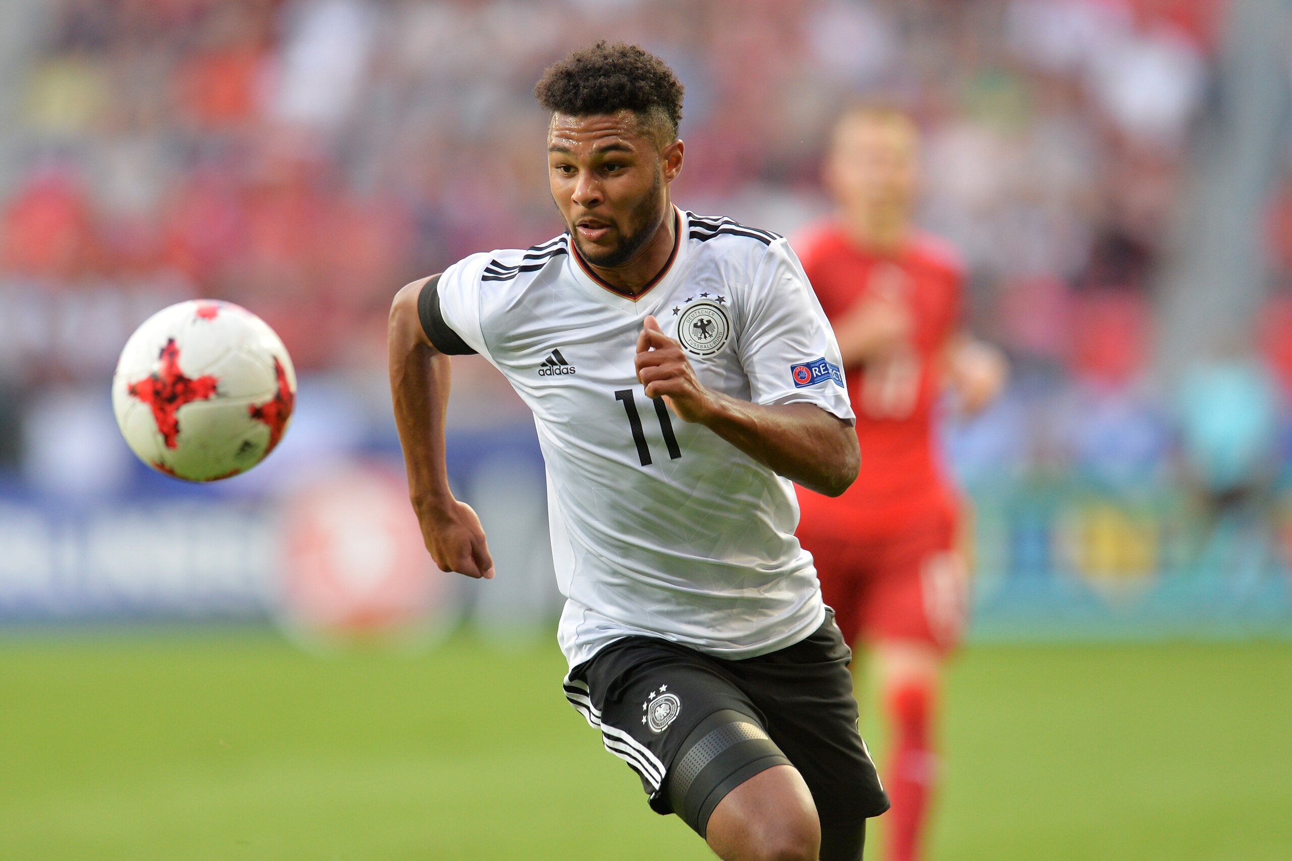 TYCHY, POLAND - JUNE 18: Serge Gnabry of Germany in action during the UEFA European Under-21 Championship Group C match between Germany and Czech Republic at Tychy Stadium on June 18, 2017 in Tychy, Poland.  (Photo by Adam Nurkiewicz/Getty Images)