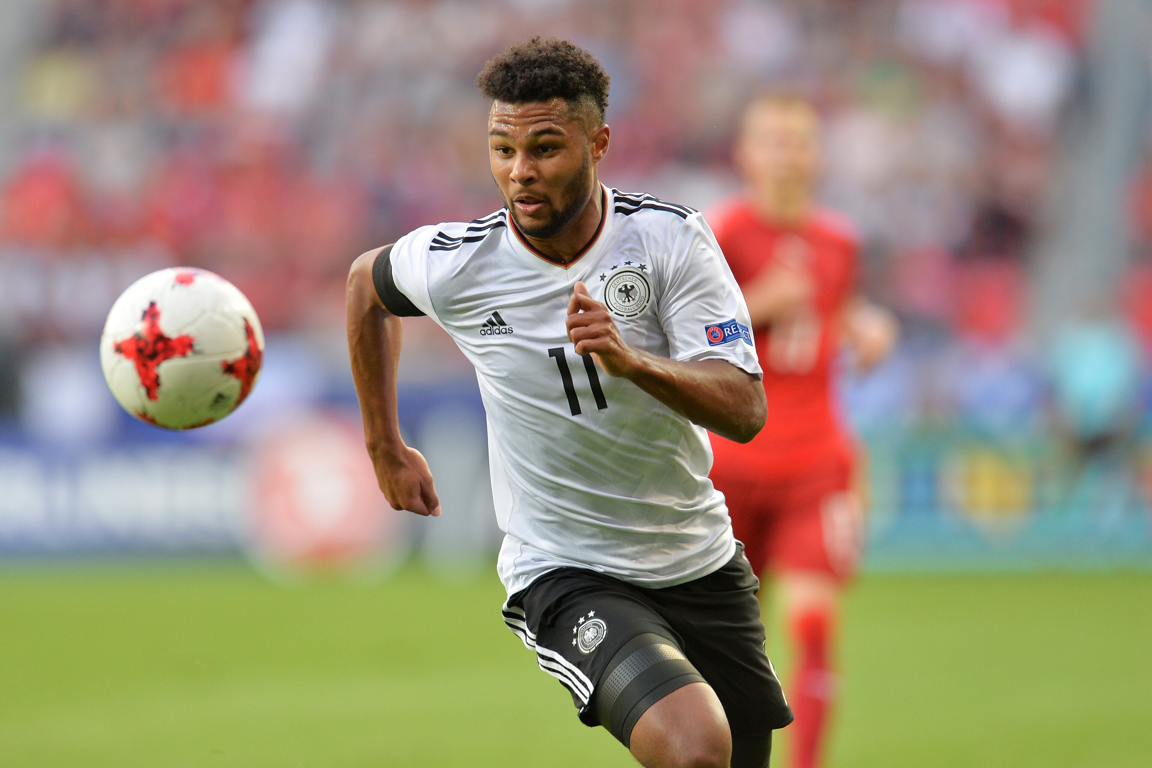 TYCHY, POLAND - JUNE 18: Serge Gnabry of Germany in action during the UEFA European Under-21 Championship Group C match between Germany and Czech Republic at Tychy Stadium on June 18, 2017 in Tychy, Poland.  (Photo by Adam Nurkiewicz/Getty Images)