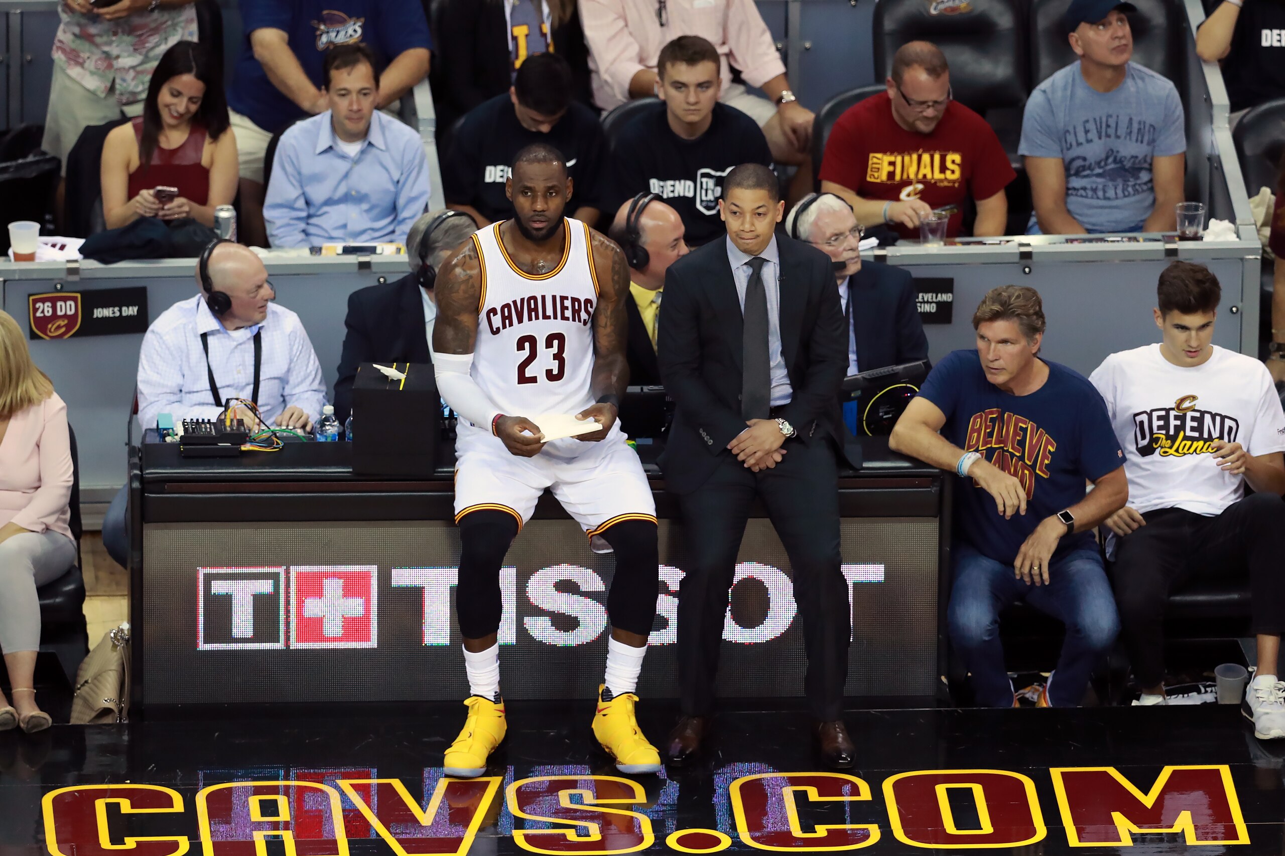 CLEVELAND, OH - JUNE 9: LeBron James and Tyronn Lue of the Cleveland Cavaliers during the game against the Golden State Warriors in Game Four of the 2017 NBA Finals on June 9, 2017 at Quicken Loans Arena in Cleveland, Ohio. NOTE TO USER: User expressly a CLEVELAND, OH - JUNE 9: LeBron James and Tyronn Lue of the Cleveland Cavaliers during the game against the Golden State Warriors in Game Four of the 2017 NBA Finals on June 9, 2017 at Quicken Loans Arena in Cleveland, Ohio. NOTE TO USER: User expressly a