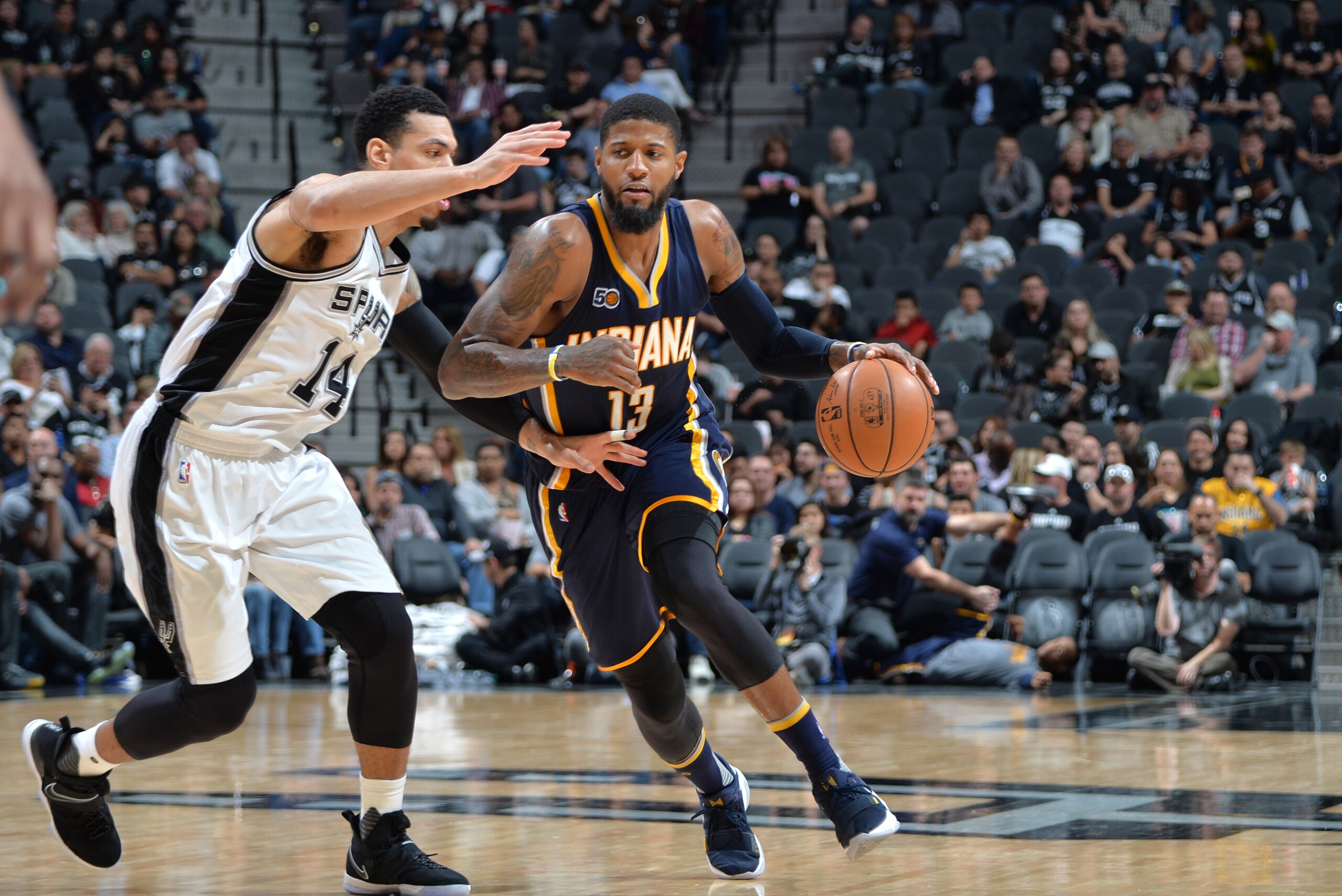 SAN ANTONIO, TX - MARCH 1: Paul George #13 of the Indiana Pacers drives to the basket against the San Antonio Spurs during the game on March 1, 2017 at the AT&T Center in San Antonio, Texas. NOTE TO USER: User expressly acknowledges and agrees that, by do