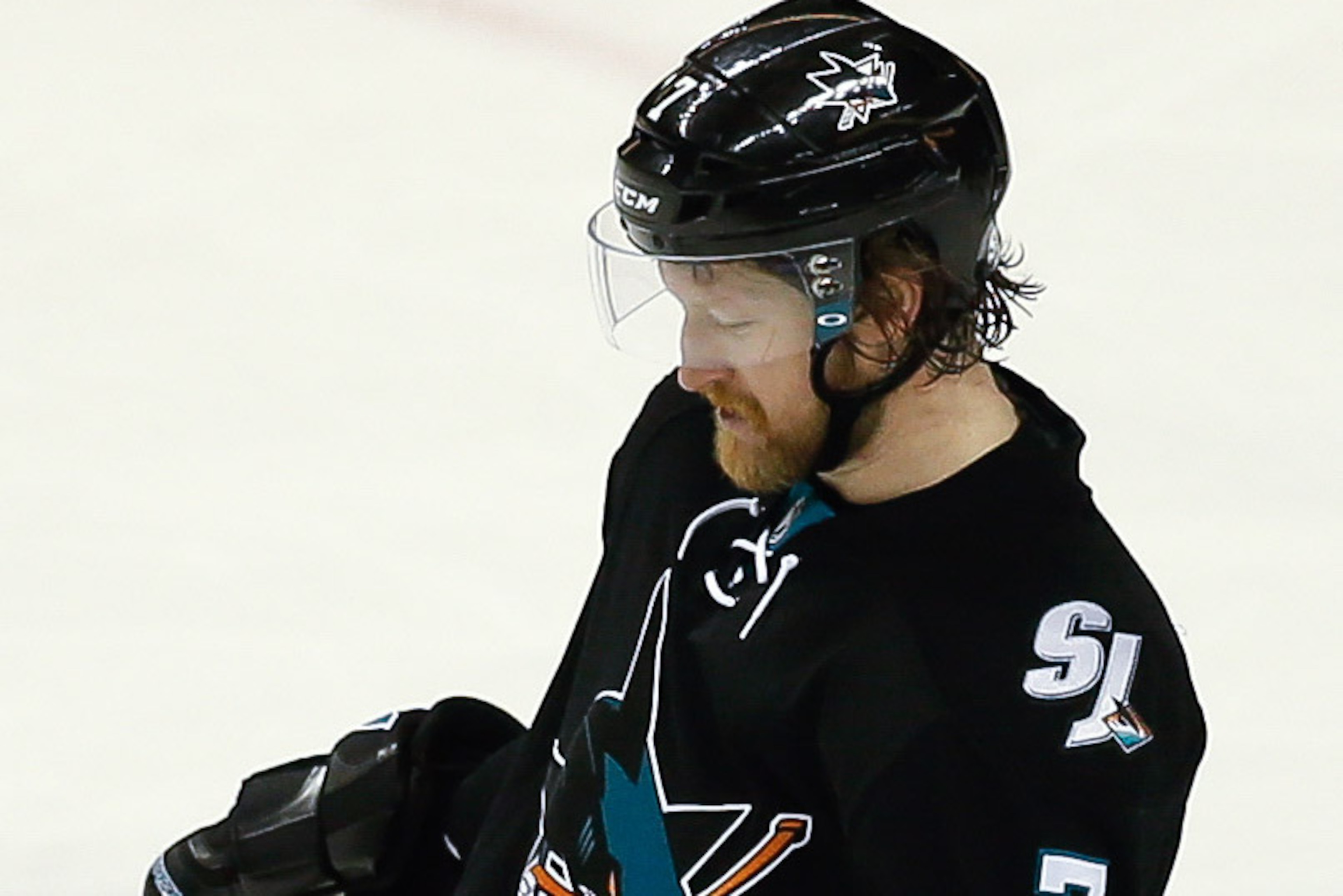 Apr 6, 2017; San Jose, CA, USA; San Jose Sharks defenseman Paul Martin (7) reacts after the Edmonton Oilers scored a goal during the third period at SAP Center at San Jose. The Edmonton Oilers defeated the San Jose Sharks 4-2.  Mandatory Credit: Stan Szet