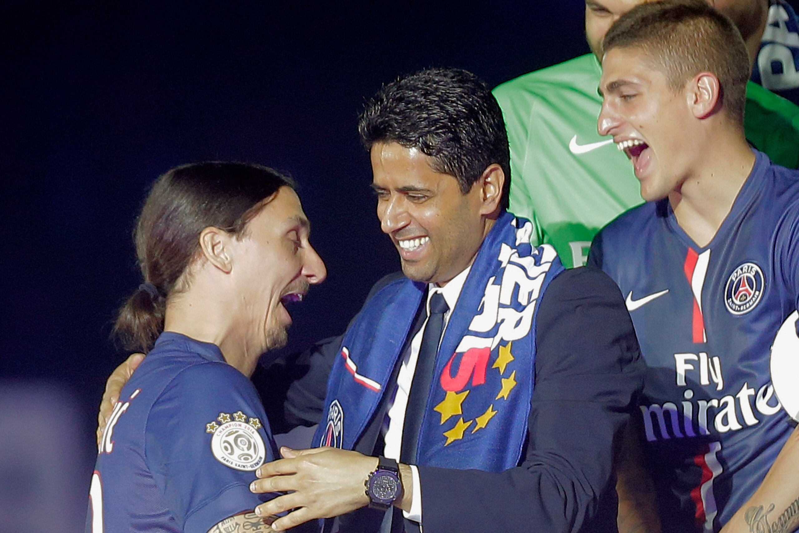 Verratti, here with his greatest champion Nasser Al-Khelaifi, has had to step up to lead in Paris after Zlatan Ibrahimovic's exit