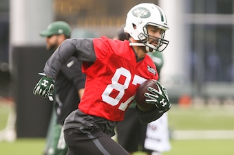 May 23, 2017; Florham Park, NY, USA; New York Jets wide receiver Eric Decker (87) runs with the ball during organized team activities at the Atlantic Health Jets Training Center. Mandatory Credit: Ed Mulholland-USA TODAY Sports