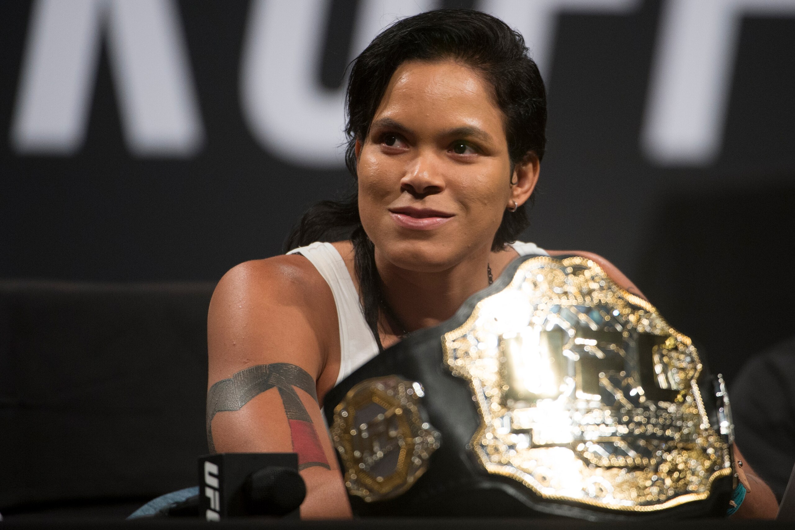 DALLAS, TX - MAY 12: Amanda Nunes speaks to the media during the UFC Summer Kickoff Press Conference at the American Airlines Center on May 12, 2017 in Dallas, Texas. (Photo by Cooper Neill/Zuffa LLC/Zuffa LLC via Getty Images)
