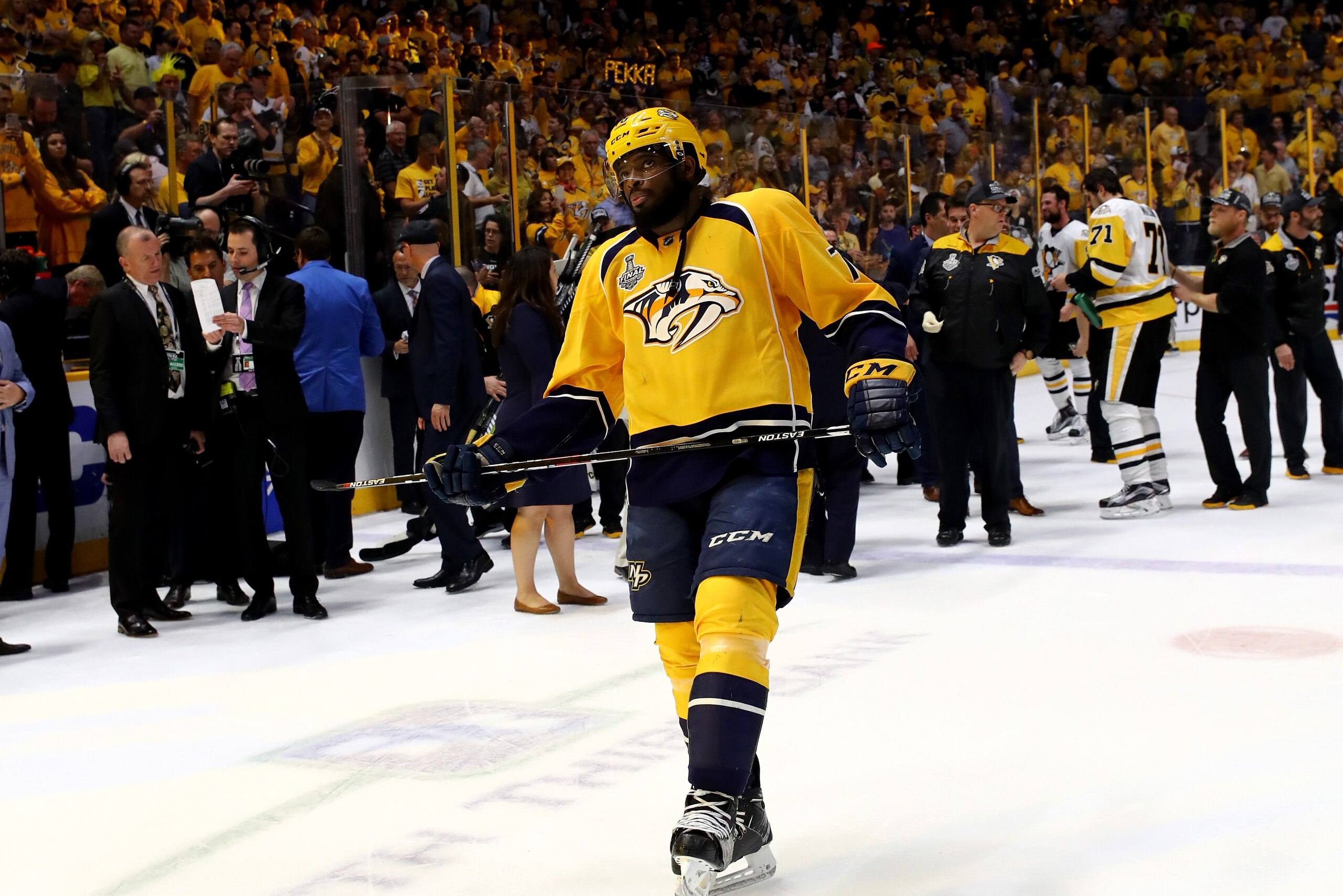 NASHVILLE, TN - JUNE 11:  P.K. Subban #76 of the Nashville Predators reacts after they fell to the Pittsburgh Penguins 2-0 in Game Six of the 2017 NHL Stanley Cup Final at the Bridgestone Arena on June 11, 2017 in Nashville, Tennessee.  (Photo by Bruce Be
