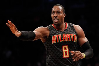 Apr 2, 2017; Brooklyn, NY, USA; Atlanta Hawks center Dwight Howard (8) reacts in the second quarter against Brooklyn Nets at Barclays Center. Nets win 91-82. Mandatory Credit: Nicole Sweet-USA TODAY Sports