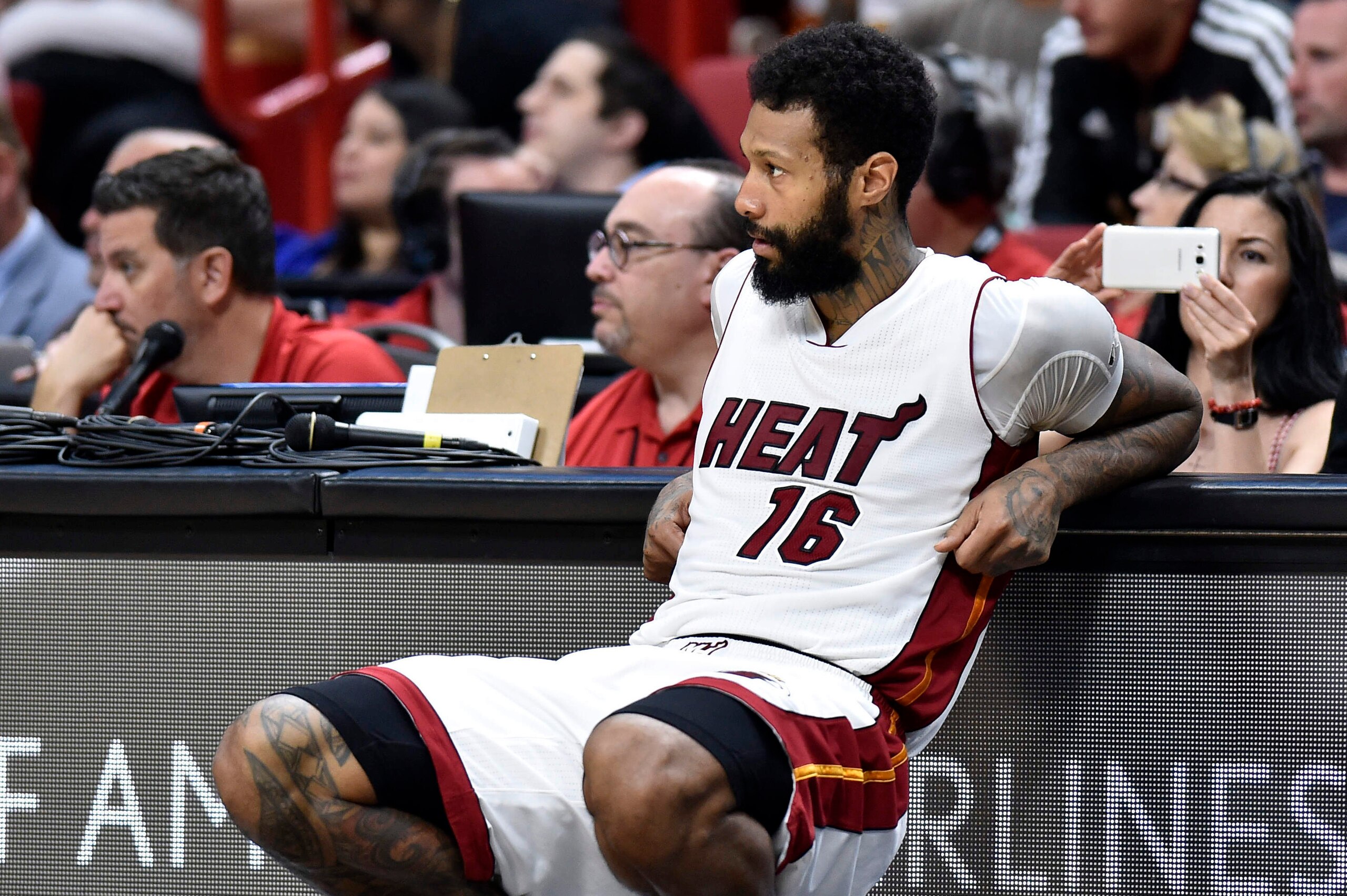 Feb 13, 2017; Miami, FL, USA; Miami Heat forward James Johnson (16) waits to enter the game against the Orlando Magic during the second half at American Airlines Arena. The Magic won 116-107. Mandatory Credit: Steve Mitchell-USA TODAY Sports