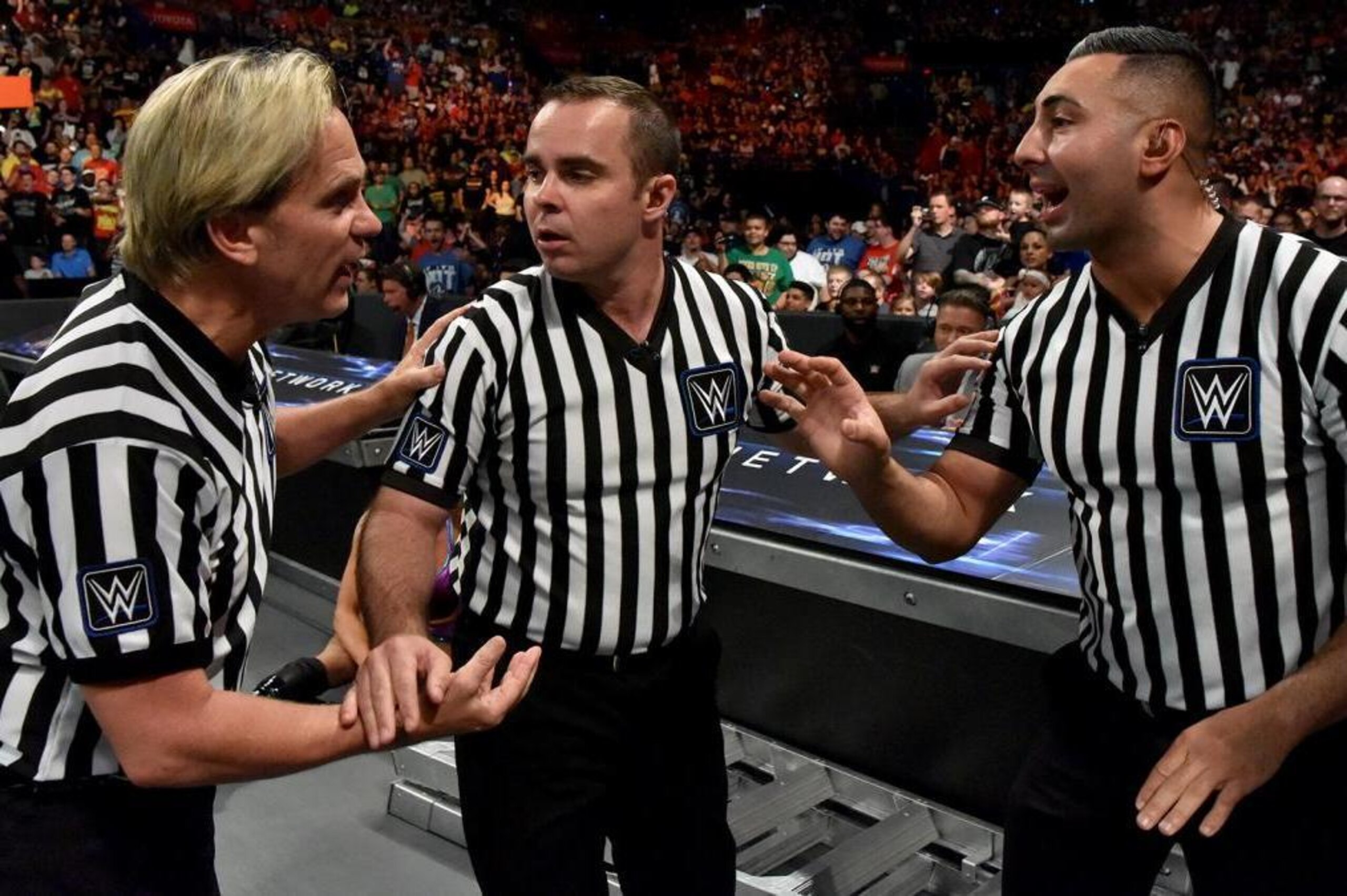 The referees discuss the ending of the Money in the Bank ladder match.