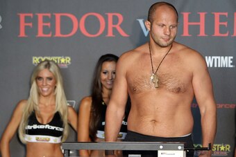 HOFFMAN ESTATES, IL - JULY 29:  Fedor Emelianenko weighs in at the Strikeforce: Fedor vs. Henderson weigh-in at Sears Centre Arena on July 29, 2011 in Hoffman Estates, Illinois.  (Photo by Josh Hedges/Forza LLC/Forza LLC via Getty Images)