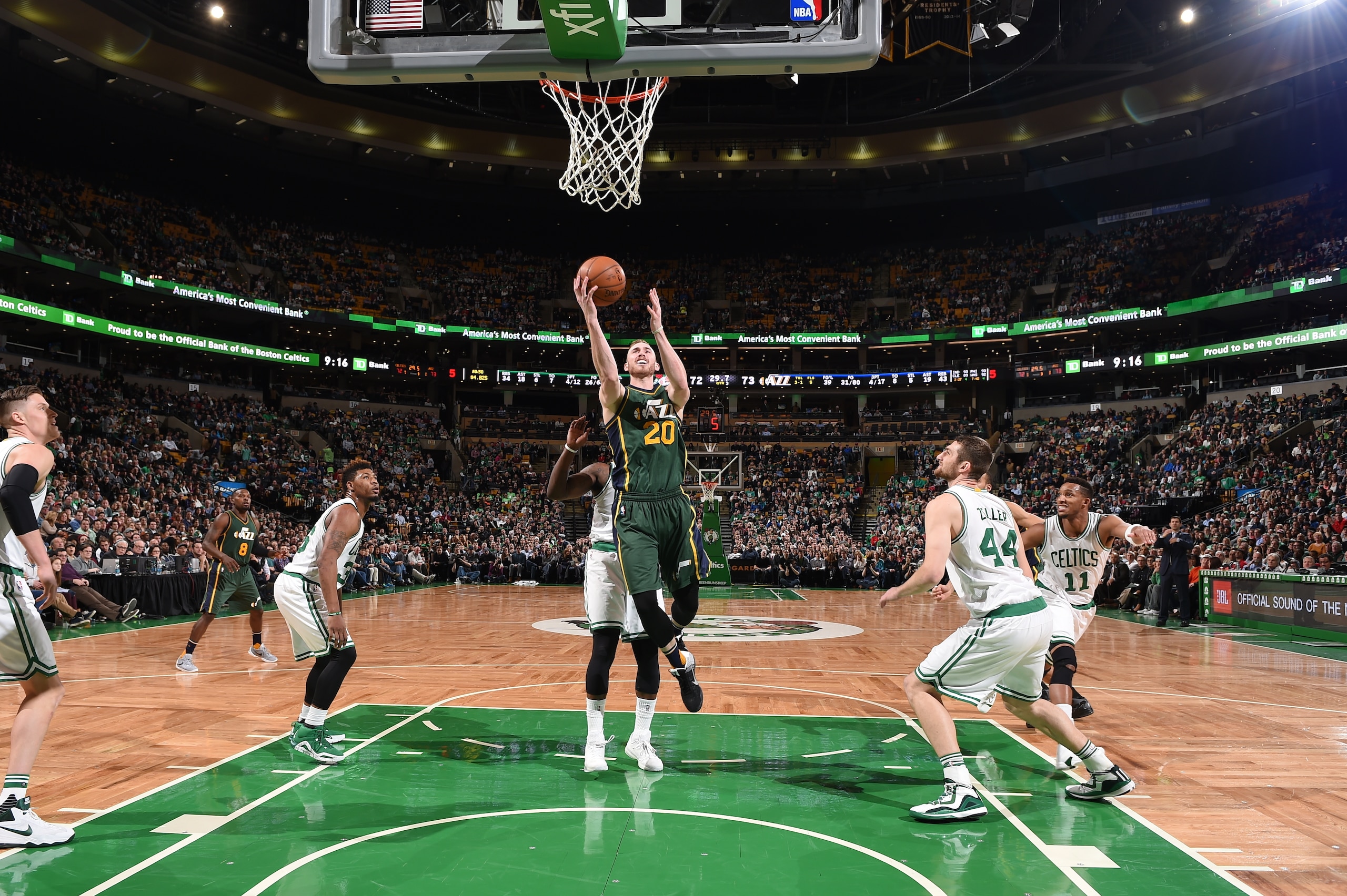 BOSTON, MA - FEBRUARY 29:  Gordon Hayward #20 of the Utah Jazz shoots the ball against the Boston Celtics on February 29, 2016 at the TD Garden in Boston, Massachusetts.  NOTE TO USER: User expressly acknowledges and agrees that, by downloading and or usi