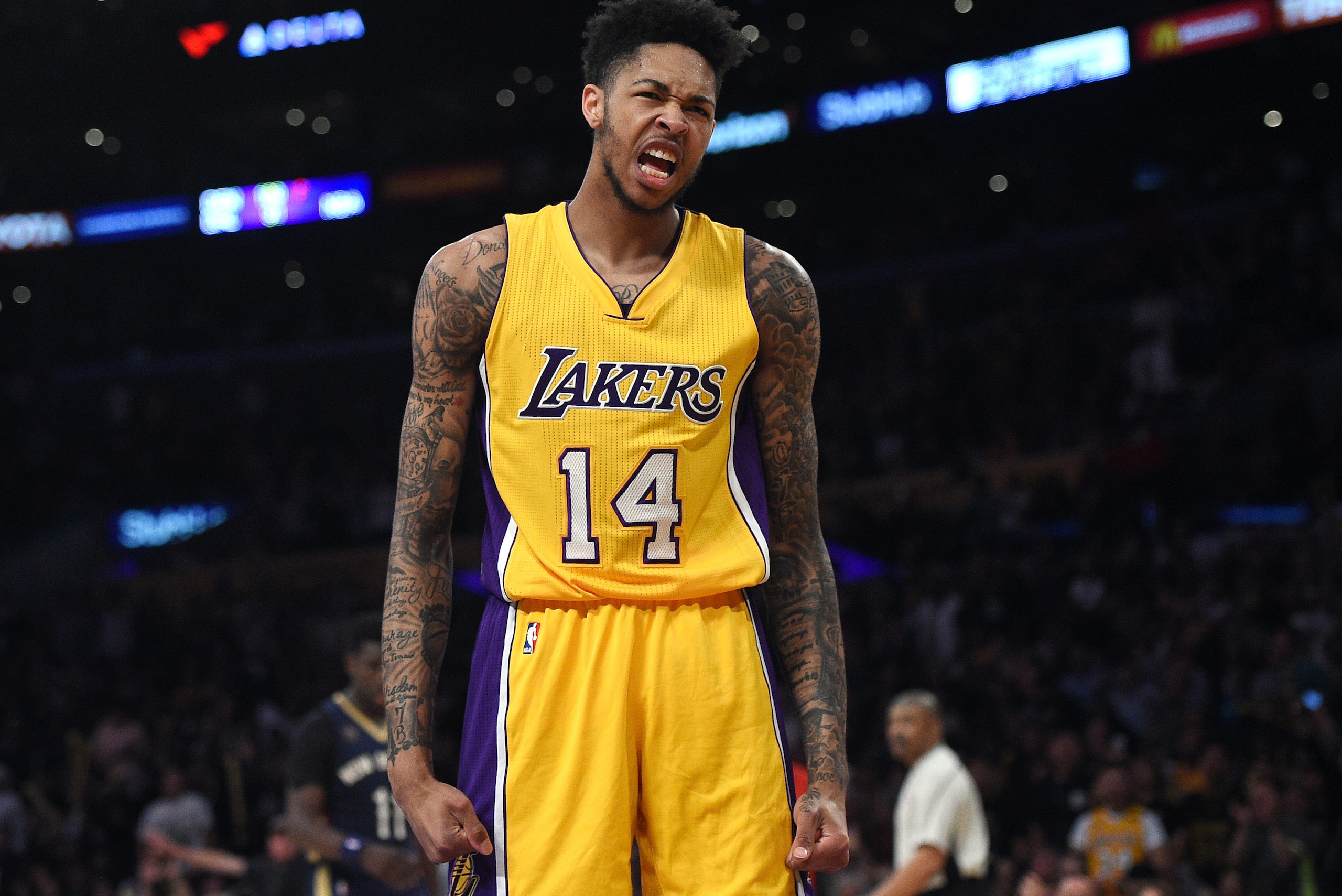 LOS ANGELES, CA - APRIL 11: Brandon Ingram #14 of the Los Angeles Lakers celebrates after a slam dunk against New Orleans Pelicans during the second half of the basketball game at Staples Center April 11, 2017, in Los Angeles, California. NOTE TO USER: Us