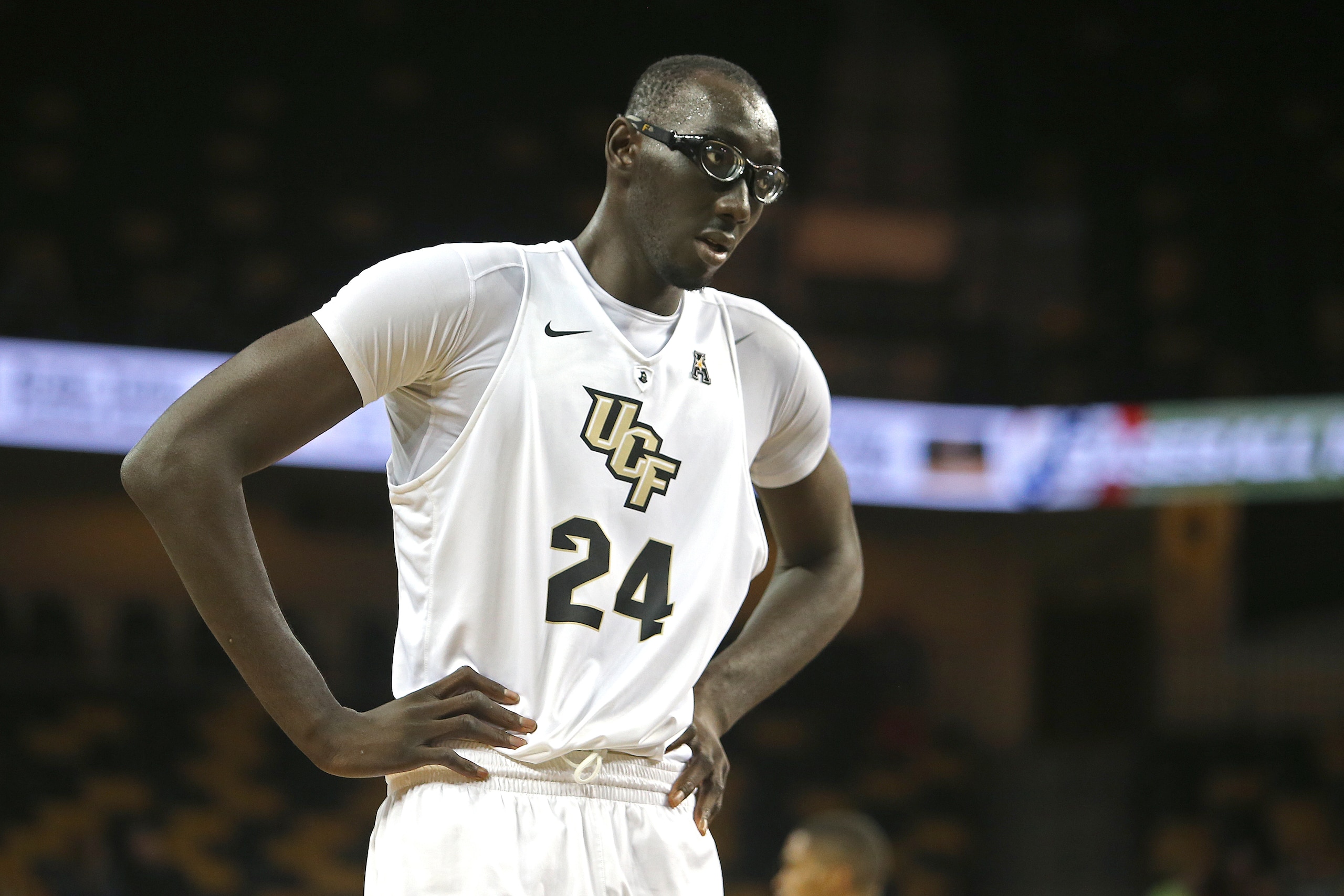 ORLANDO, FL - FEBRUARY 14:  Tacko Fall #24 of the UCF Knights is seen during a NCAA basketball game between the Tulsa Golden Hurricane and the UCF Knights at the CFE Arena on February 14, 2017 in Orlando, Florida. (Photo by Alex Menendez/Getty Images)