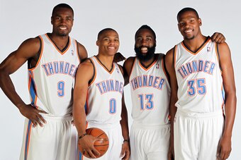 EDMOND, OK - OCTOBER 1: Serge Ibaka #9, Russell Westbrook #0, James Harden #13 and Kevin Durant of the Oklahoma City Thunder pose for a portrait during 2012 NBA Media Day on October 1, 2012 at the Thunder Events Center in Edmond, Oklahoma. NOTE TO USER: U