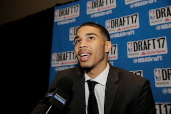 NEW YORK - JUNE 21: NBA Draft Prospect, Jayson Tatum speaks to the media during media availability as part of the 2017 NBA Draft on June 21, 2017 at the Grand Hyatt New York in New York City. NOTE TO USER: User expressly acknowledges and agrees that, by d