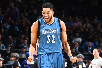 TORONTO, CANADA - FEBRUARY 13:  Karl-Anthony Towns #32 of the Minnesota Timberwolves celebrates after winning the Taco Bell Skills Challenge during State Farm All-Star Saturday Night as part of the 2016 NBA All-Star Weekend on February 13, 2016 at Air Can