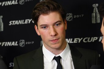 NASHVILLE, TN - JUNE 05:  Nolan Patrick is interviewed during media availability for 2017 NHL draft prospects prior to Game Four of the 2017 NHL Stanley Cup Final at the Bridgestone Arena on June 5, 2017 in Nashville, Tennessee.  (Photo by Bruce Bennett/G