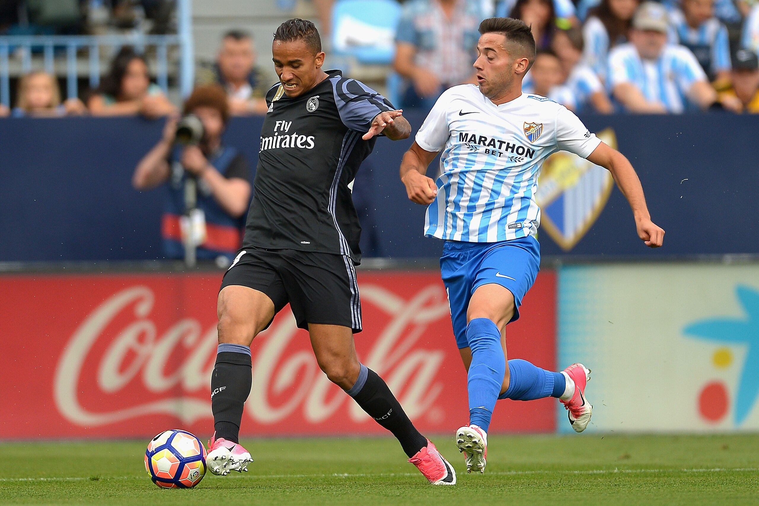 MALAGA, SPAIN - MAY 21: Danilo of Real Madrid is chased down by Jony of Malaga  during the La Liga match between Malaga and Real Madrid at La Rosaleda Stadium on May 21, 2017 in Malaga, Spain.  (Photo by Aitor Alcalde/Getty Images)