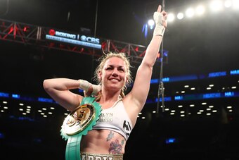NEW YORK, NY - MARCH 04:  Heather Hardy celebrates her decision win against Edina Kiss during their Super Bantamweight  bout at the Barclays Center in Brooklyn, New York on March 4, 2017 in New York City.  (Photo by Al Bello/Getty Images)