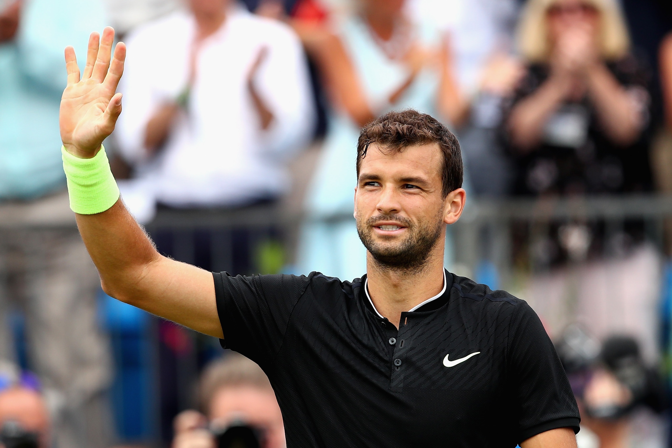LONDON, ENGLAND - JUNE 23:  Grigor Dimitrov of Bulgaria celebrates victory during the mens singles quarter final match against Daniil Medvedev of Russia on day five of the 2017 Aegon Championships at Queens Club on June 23, 2017 in London, England.  (Phot