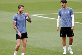 MADRID, SPAIN - MAY 30:  Sergio Ramos of Real Madrid  and Alvaro Morata of Real Madrid  looks on during  training at the Real Madrid UEFA Open Media Day at Valdebebas training ground on May 30, 2017 in Madrid, Spain. (Photo by TF-Images/Getty Images)