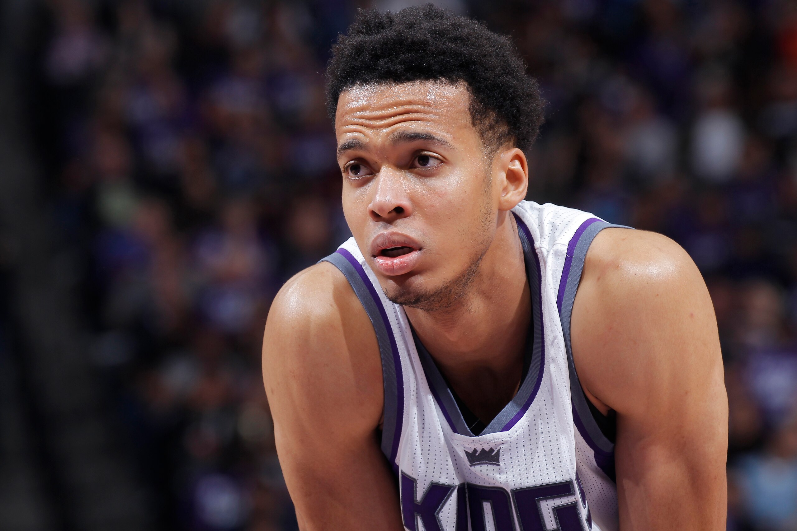 SACRAMENTO, CA - APRIL 11: Skal Labissiere #3 of the Sacramento Kings looks on during the game against the Phoenix Suns on April 11, 2017 at Golden 1 Center in Sacramento, California. NOTE TO USER: User expressly acknowledges and agrees that, by downloadi