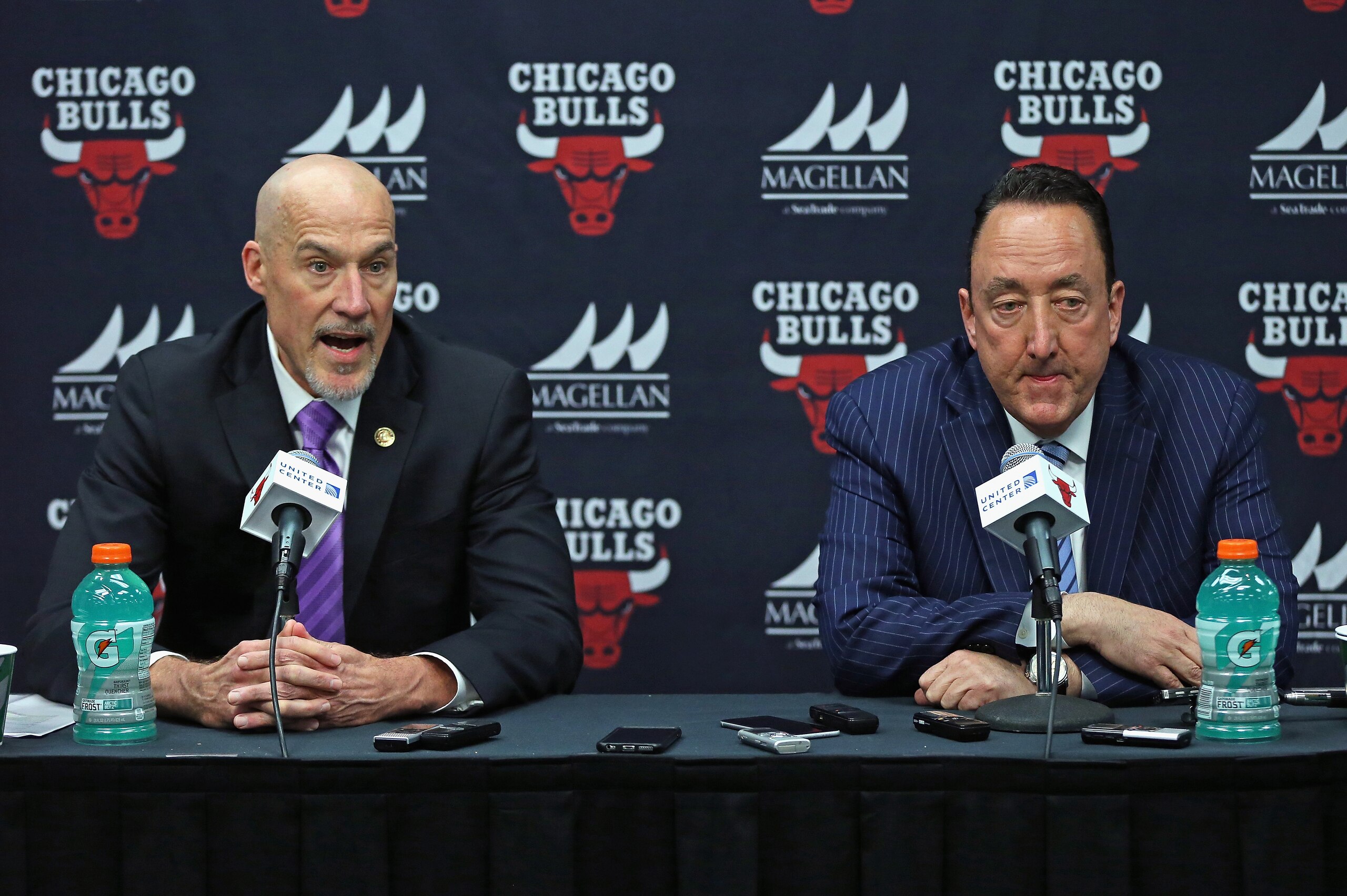CHICAGO, IL - APRIL 13:  John Paxson, Vice President of Basketball Operations (L) and Gar Forman, General Manager of the Chicago Bulls, address the media following the Bulls last game of the season against the Philadelphia 76ers
at the United Center on Ap