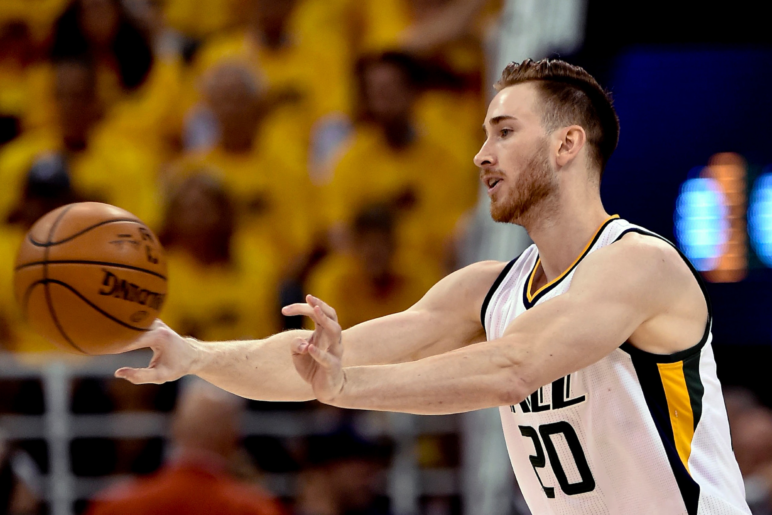 SALT LAKE CITY, UT - MAY 6: Gordon Hayward #20 of the Utah Jazz passes in the second half of their 102-91 loss to the Golden State Warriors in Game Three of the Western Conference Semifinals during the 2017 NBA Playoffs at Vivint Smart Home Arena on May 6 SALT LAKE CITY, UT - MAY 6: Gordon Hayward #20 of the Utah Jazz passes in the second half of their 102-91 loss to the Golden State Warriors in Game Three of the Western Conference Semifinals during the 2017 NBA Playoffs at Vivint Smart Home Arena on May 6