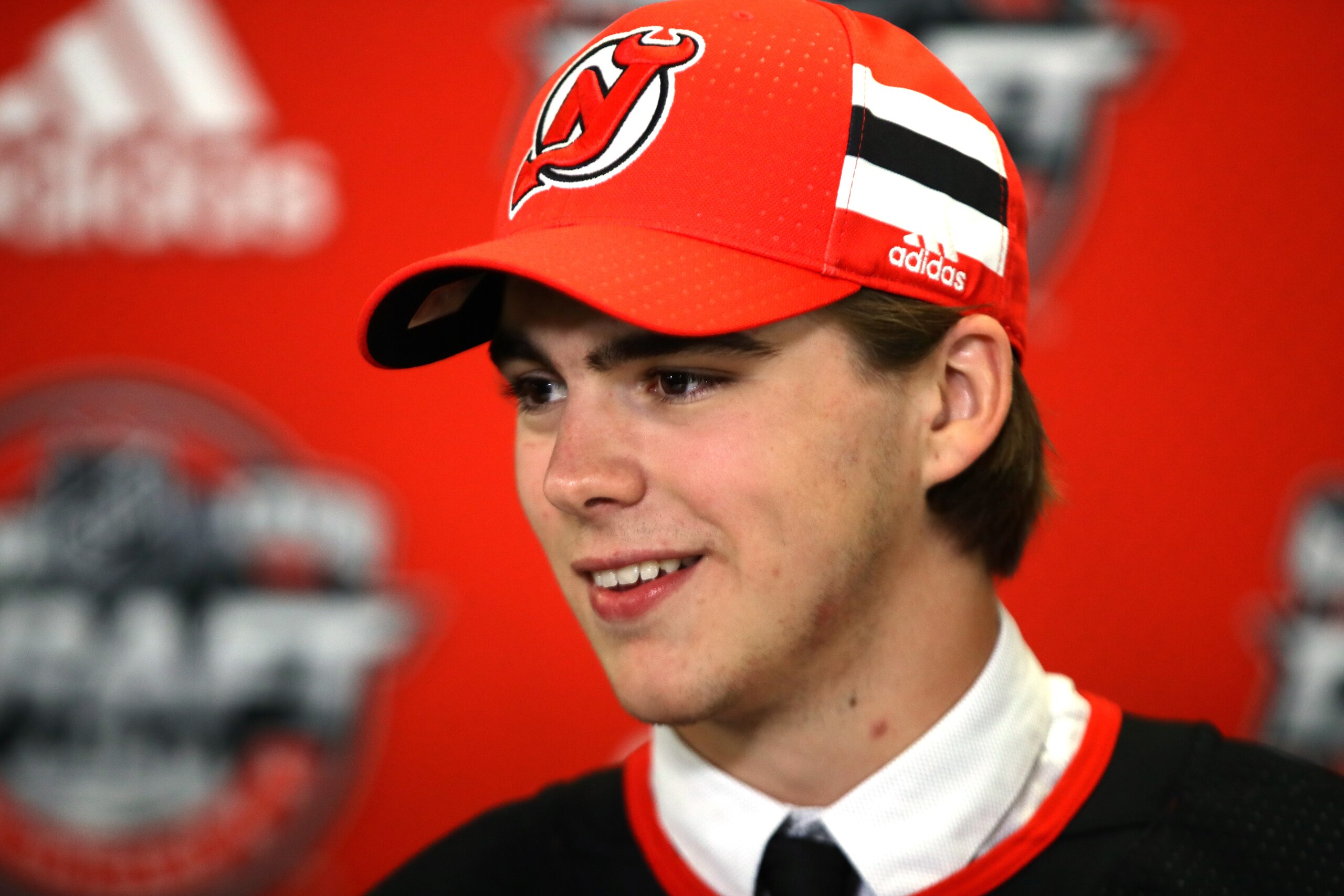 CHICAGO, IL - JUNE 23:  Nico Hischier is interviewed after being selected first overall by the New Jersey Devils during the 2017 NHL Draft at the United Center on June 23, 2017 in Chicago, Illinois.  (Photo by Jonathan Daniel/Getty Images)