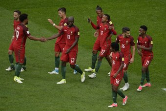 Portugal's forward Nani (3rd R) celebrates with Portugal's defender Bruno Alves and teammates after scoring a goal during the 2017 Confederations Cup group A football match between New Zealand and Portugal at the Saint Petersburg Stadium in Saint Petersbu