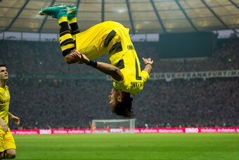 BERLIN, GERMANY - MAY 27: Pierre-Emerick Aubameyang of Dortmund celebrates after scoring his team`s second goal during the DFB Cup final match between Eintracht Frankfurt and Borussia Dortmund at Olympiastadion on May 27, 2017 in Berlin, Germany. (Photo b