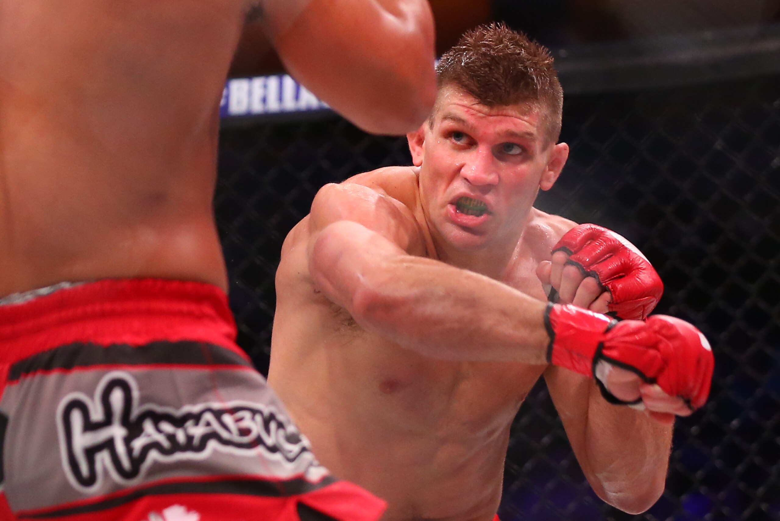 UNCASVILLE, CT - APRIL 22: Brent Primus (red gloves) throws a right hand at Gleristone Santos (blue gloves) during their bout in Bellator 153 at Mohegan Sun Arena on April 22, 2016 in Uncasville, Connecticut. (Photo by Ed Mulholland/Getty Images)