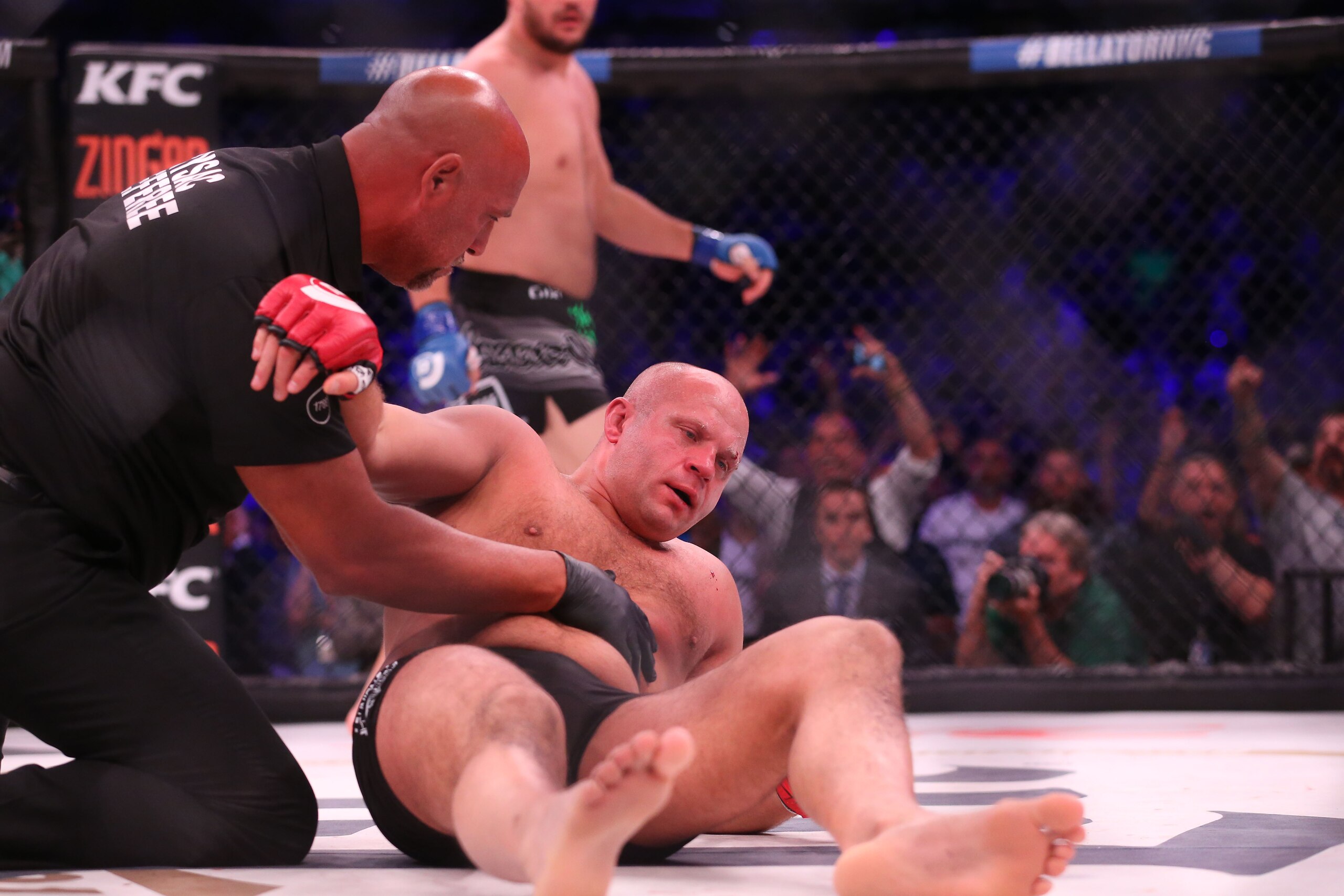 Jun 24, 2017; New York, NY, USA; Fedor Emelianenko (red gloves) fights Matt Mitrione (blue gloves) during Bellator NYC at Madison Square Garden. Mandatory Credit: Ed Mulholland-USA TODAY Sports
