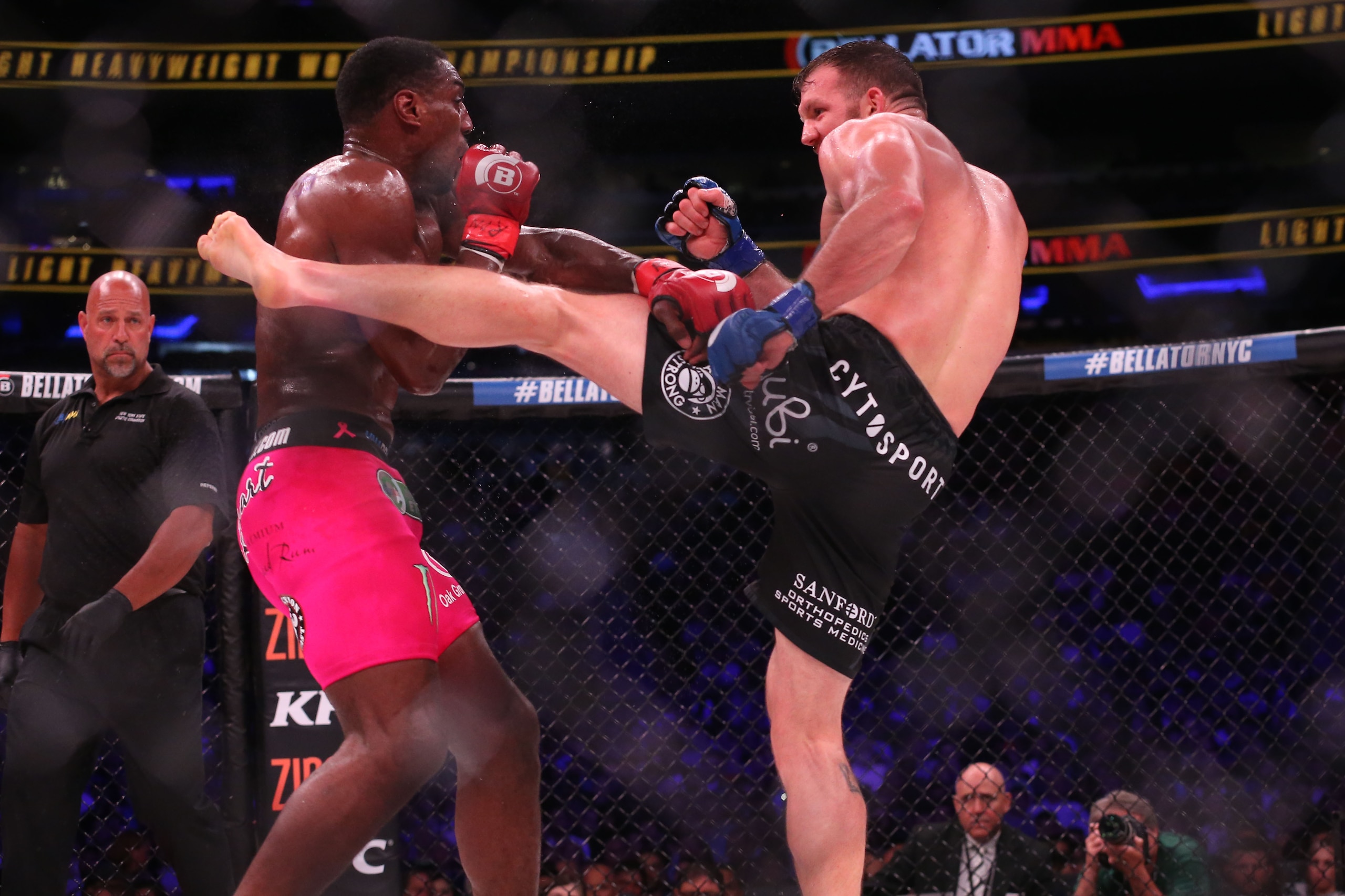 Jun 24, 2017; New York, NY, USA; Phill Davis (red gloves) fights Ryan Bader (blue gloves) during Bellator NYC at Madison Square Garden. Mandatory Credit: Ed Mulholland-USA TODAY Sports
