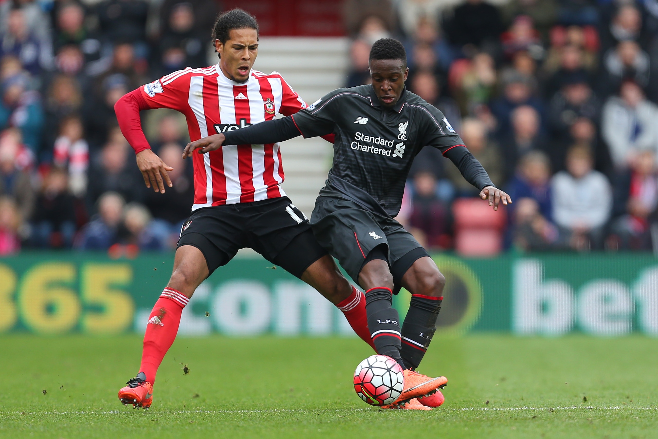 SOUTHAMPTON, ENGLAND - MARCH 20:  Virgil van Dijk of Southampton and Divock Origi of Liverpool during the Barclays Premier League match between Southampton and Liverpool on March 20, 2016 in Southampton, United Kingdom.  (Photo by Catherine Ivill - AMA/Ge