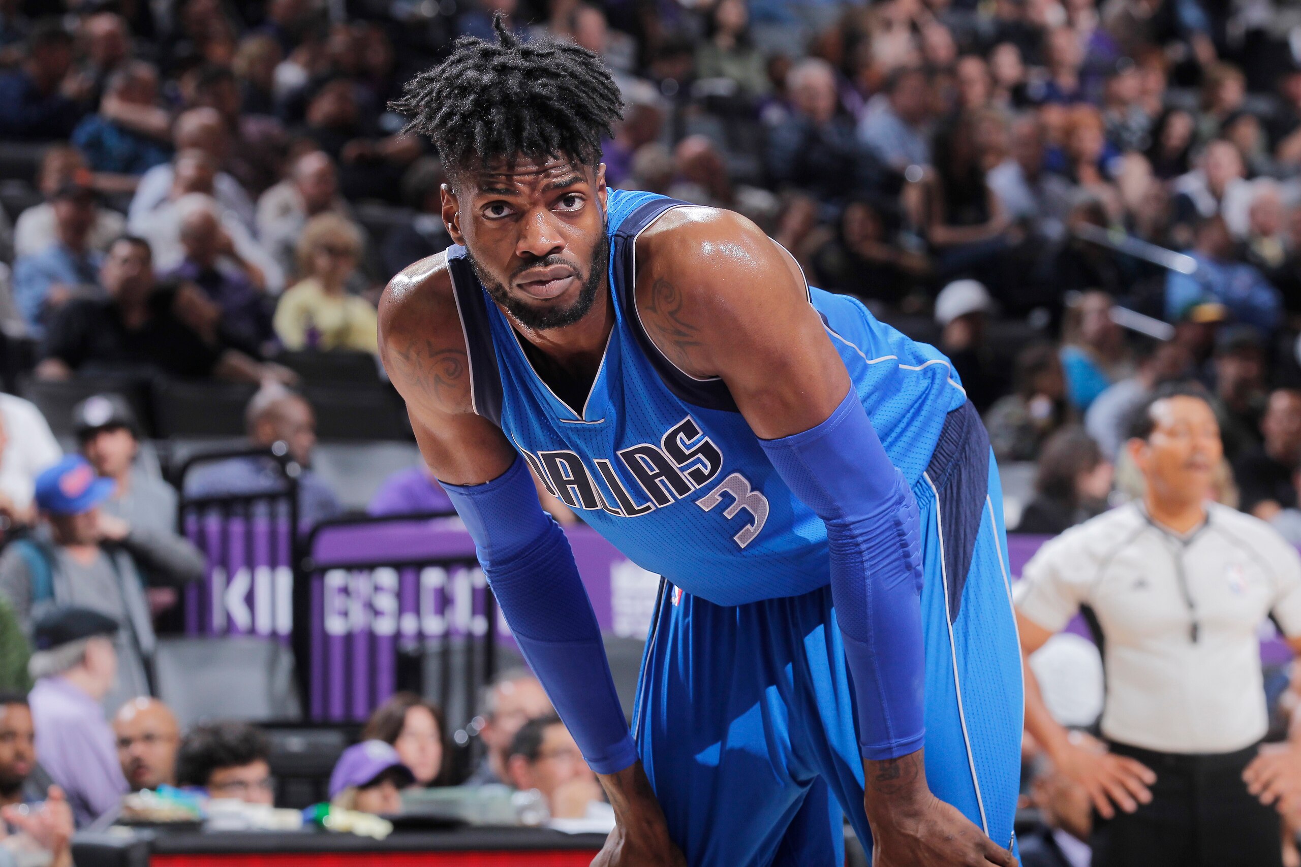 SACRAMENTO, CA - APRIL 4: Nerlens Noel #3 of the Dallas Mavericks looks on during the game against the Sacramento Kings on April 4, 2017 at Golden 1 Center in Sacramento, California. NOTE TO USER: User expressly acknowledges and agrees that, by downloadin