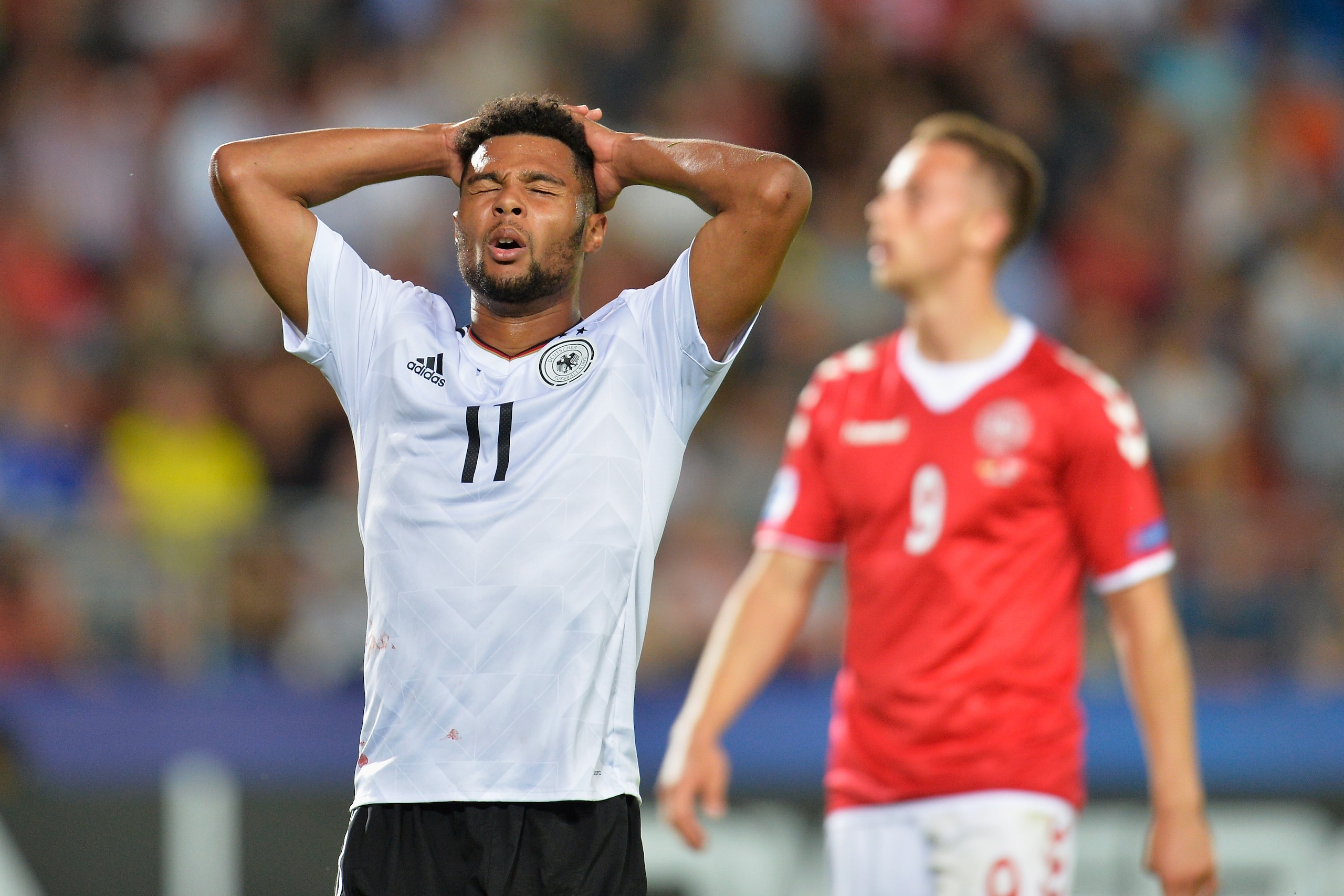 KRAKOW, POLAND - JUNE 21: Serge Gnabry of Germany reacts during the UEFA European Under-21 Championship Group C match between Germany and Denmark at Krakow Stadium on June 21, 2017 in Krakow, Poland.  (Photo by Adam Nurkiewicz/Getty Images)