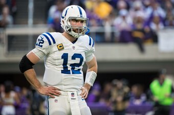 Dec 18, 2016; Minneapolis, MN, USA; Indianapolis Colts quarterback Andrew Luck (12) looks on against the Minnesota Vikings at U.S. Bank Stadium. The Colts defeated the Vikings 34-6. Mandatory Credit: Brace Hemmelgarn-USA TODAY Sports