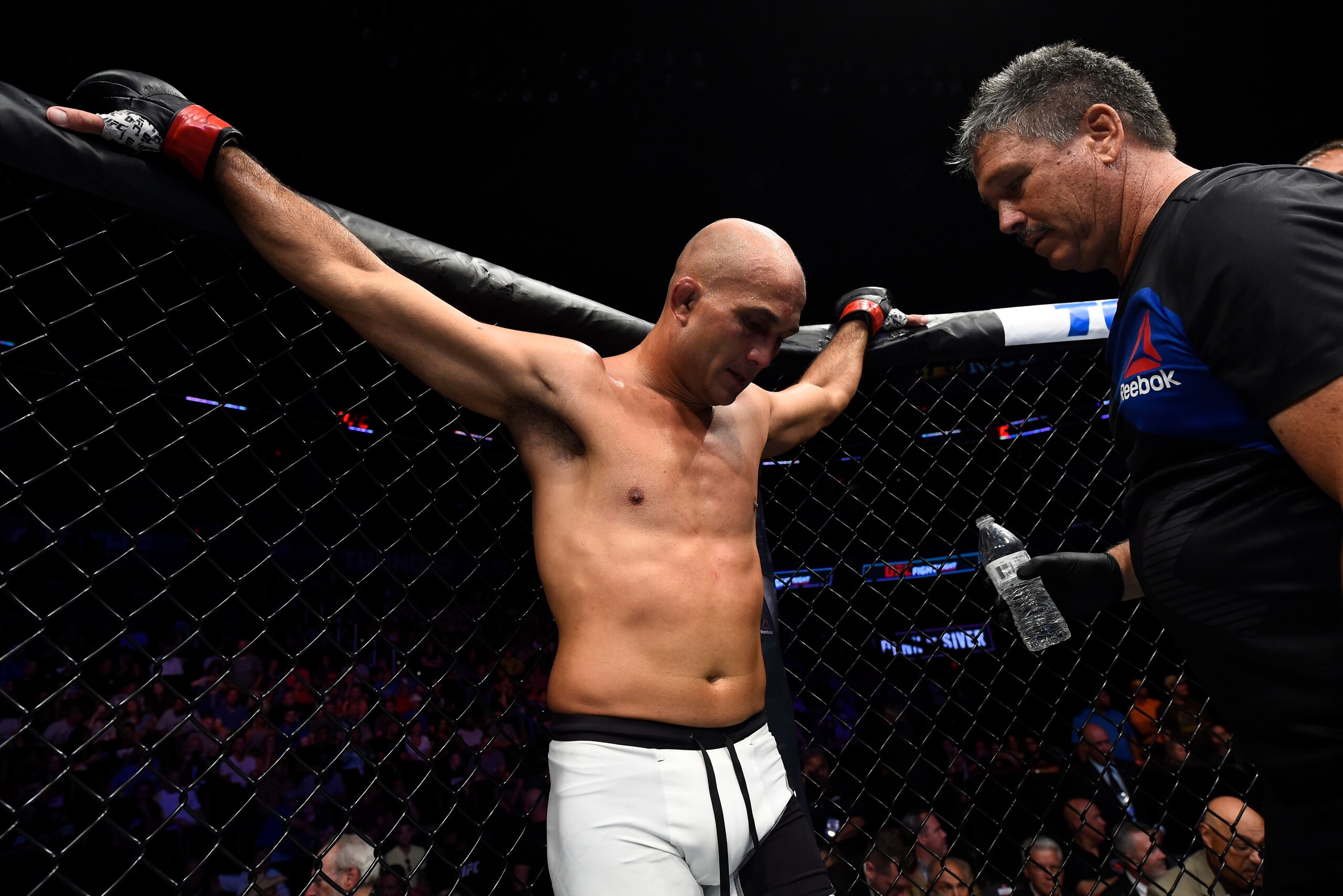 OKLAHOMA CITY, OK - JUNE 25:   BJ Penn reacts after the conclusion of his featherweight bout against \ds#@\ during the UFC Fight Night event at the Chesapeake Energy Arena on June 25, 2017 in Oklahoma City, Oklahoma. (Photo by Brandon Magnus/Zuffa LLC/Zuf