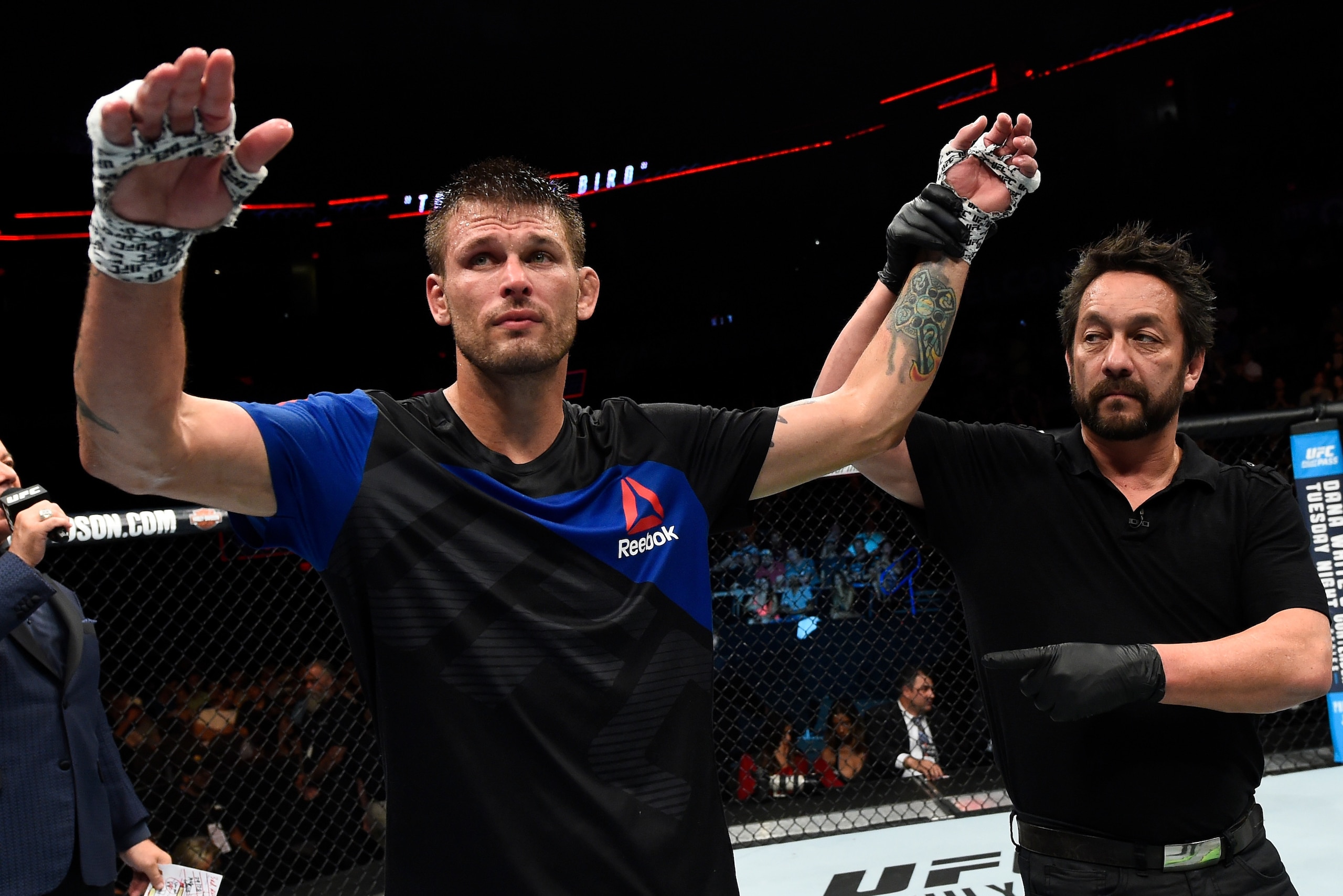 OKLAHOMA CITY, OK - JUNE 25:   Tim Means celebrates after his unanimous-decision victory over Alex Garcia of the Dominican Republic in their welterweight bout during the UFC Fight Night event at the Chesapeake Energy Arena on June 25, 2017 in Oklahoma Cit