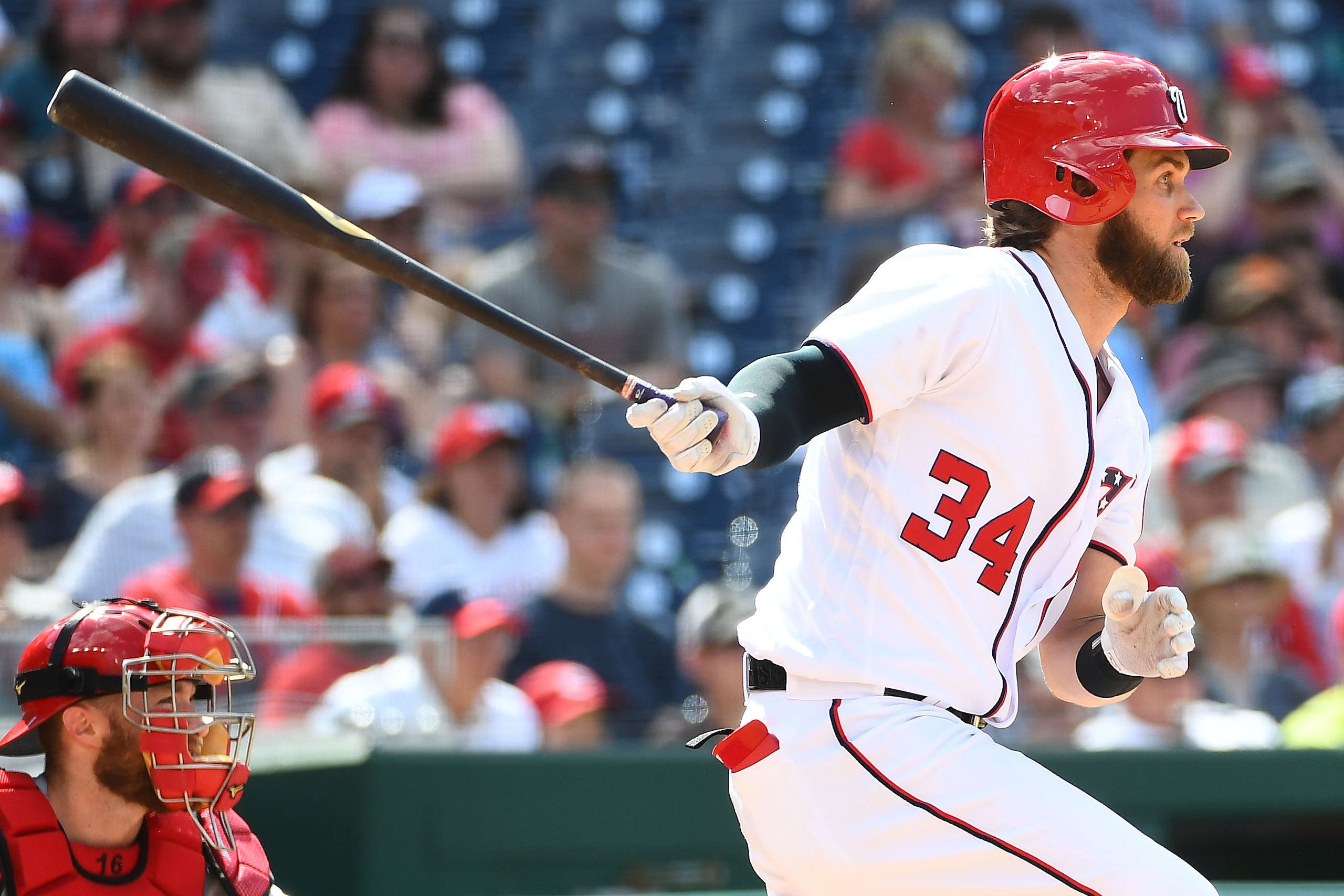 Jun 25, 2017; Washington, DC, USA; Washington Nationals right fielder Bryce Harper (34) singles against the Cincinnati Reds during the eighth inning at Nationals Park. Mandatory Credit: Brad Mills-USA TODAY Sports Jun 25, 2017; Washington, DC, USA; Washington Nationals right fielder Bryce Harper (34) singles against the Cincinnati Reds during the eighth inning at Nationals Park. Mandatory Credit: Brad Mills-USA TODAY Sports