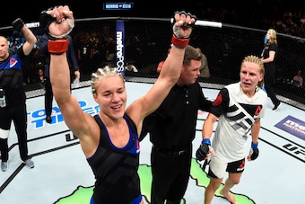 OKLAHOMA CITY, OK - JUNE 25:   Felice Herrig celebrates after her unanimous-decision victory over Justine Kish in their women's strawweight bout during the UFC Fight Night event at the Chesapeake Energy Arena on June 25, 2017 in Oklahoma City, Oklahoma. (