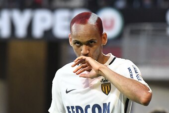 Monaco's Brazilian defender Fabinho celebrates after scoring during  the French L1 football match between Rennes (SRFC) and Monaco (ASM) on May, 20 2017, at the Roazhon Park stadium in Rennes, western France. / AFP PHOTO / DAMIEN MEYER        (Photo credi