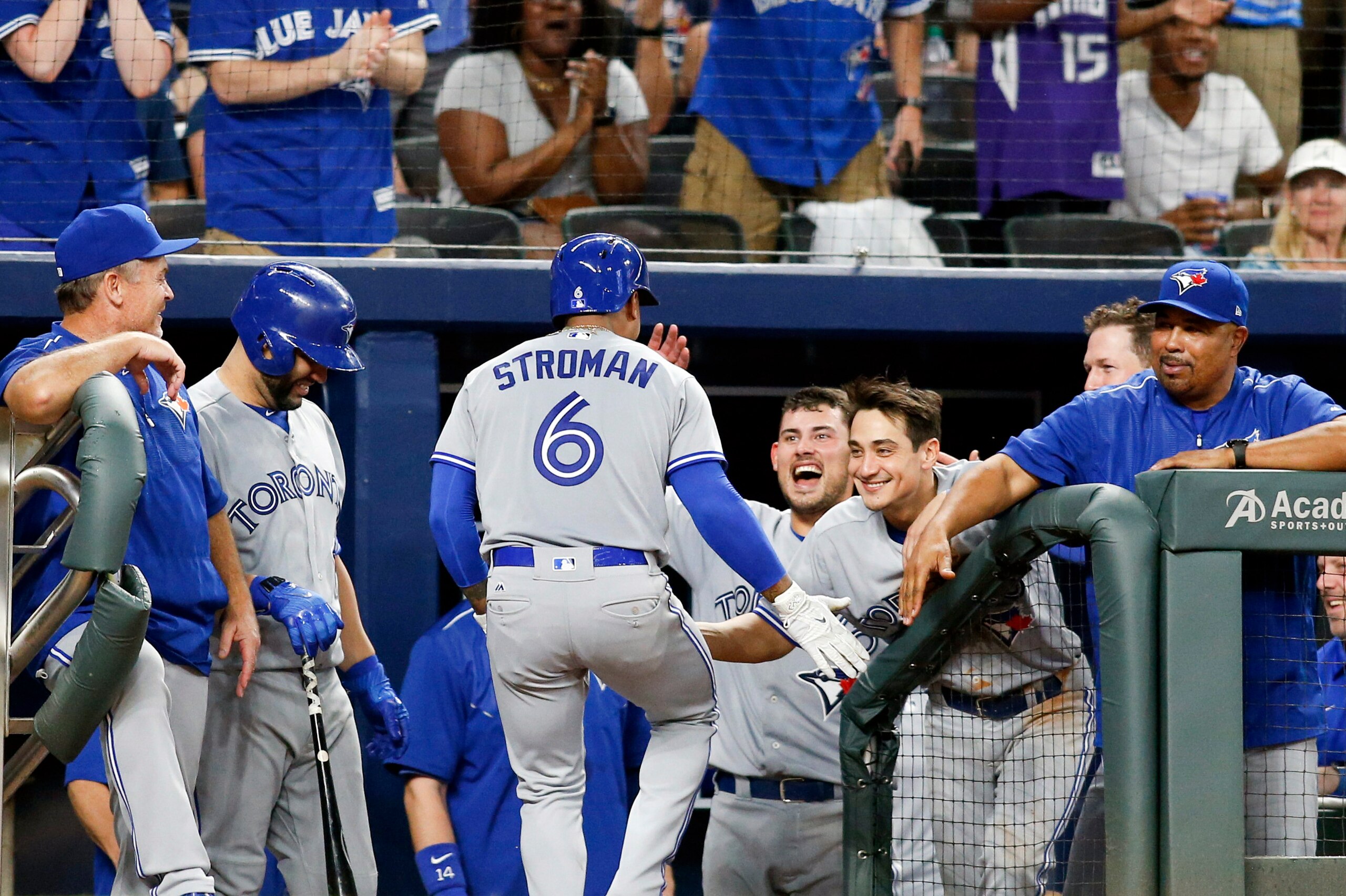 May 18, 2017; Atlanta, GA, USA; Toronto Blue Jays starting pitcher Marcus Stroman (6) celebrates a home run with teammates against the Atlanta Braves in the fourth inning at SunTrust Park. Mandatory Credit: Brett Davis-USA TODAY Sports