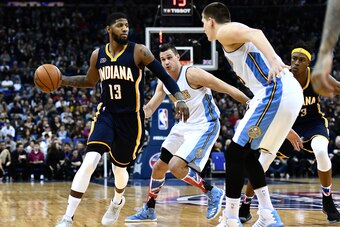LONDON, ENGLAND - JANUARY 12:  Paul George #13 of the Indiana Pacers in action during the NBA match between Indiana Pacers and Denver Nuggets at the O2 Arena on January 12, 2017 in London, England.  (Photo by Dan Mullan/Getty Images)
