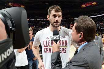 CLEVELAND, OH - JUNE 9:  Kevin Love #0 of the Cleveland Cavaliers is interviewed after Game Four of the 2017 NBA Finals on June 9, 2017 at Quicken Loans Arena in Cleveland, Ohio. NOTE TO USER: User expressly acknowledges and agrees that, by downloading an