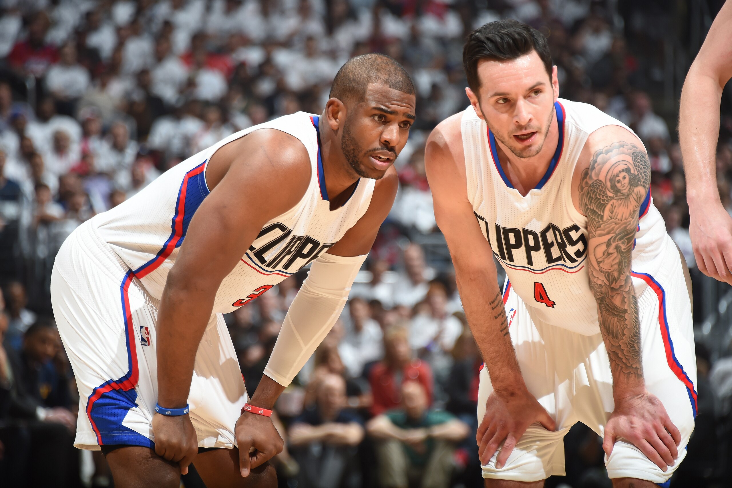 LOS ANGELES, CA - APRIL 25: Chris Paul #3 and J.J. Redick #4 of the LA Clippers looks on during the game against the Utah Jazz in Game Five of the Western Conference Quarterfinals of the 2017 NBA Playoffs on April 25, 2017 at STAPLES Center in Los Angeles LOS ANGELES, CA - APRIL 25: Chris Paul #3 and J.J. Redick #4 of the LA Clippers looks on during the game against the Utah Jazz in Game Five of the Western Conference Quarterfinals of the 2017 NBA Playoffs on April 25, 2017 at STAPLES Center in Los Angeles
