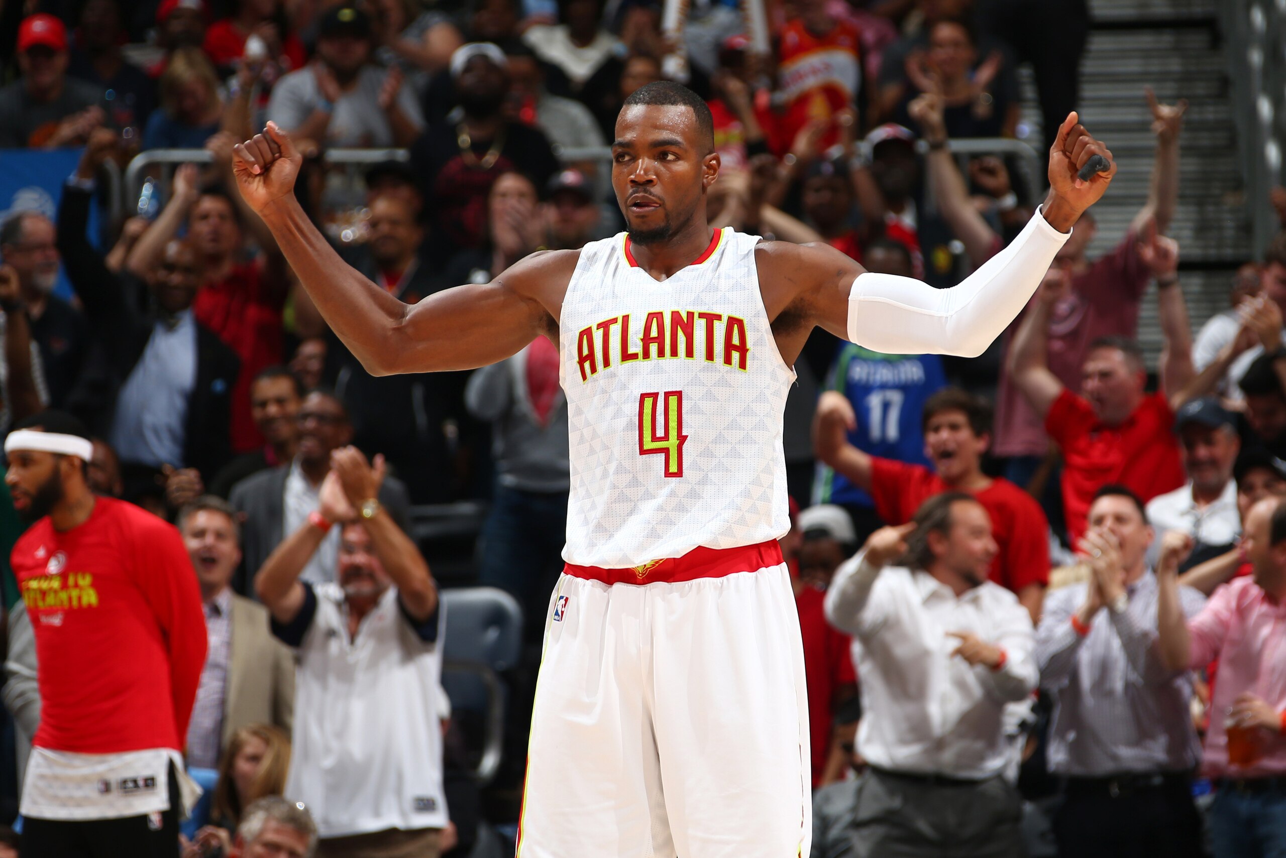 ATLANTA, GA - APRIL 24: Paul Millsap #4 of the Atlanta Hawks celebrates during Game Four of the Eastern Conference Quarterfinals of the 2017 NBA Playoffs on April 24, 2017 at Philips Arena in Atlanta, Georgia. NOTE TO USER: User expressly acknowledges an ATLANTA, GA - APRIL 24: Paul Millsap #4 of the Atlanta Hawks celebrates during Game Four of the Eastern Conference Quarterfinals of the 2017 NBA Playoffs on April 24, 2017 at Philips Arena in Atlanta, Georgia. NOTE TO USER: User expressly acknowledges an